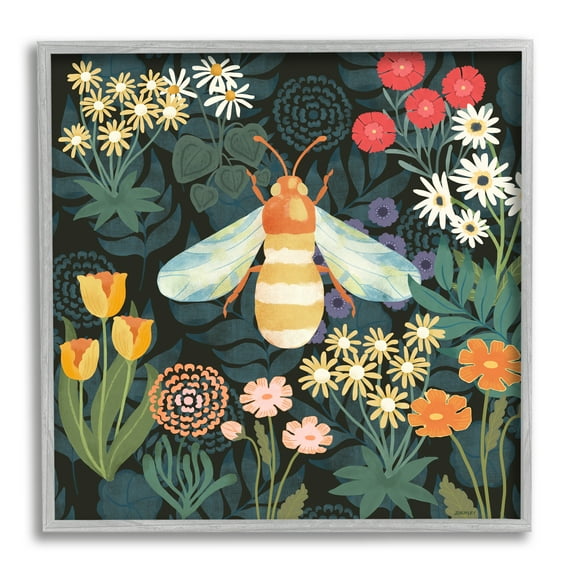 Stupell Industries Bumble Bee Garden Pattern Botanical & Floral Painting Gray Framed Art Print Wall Art, 24 x 24