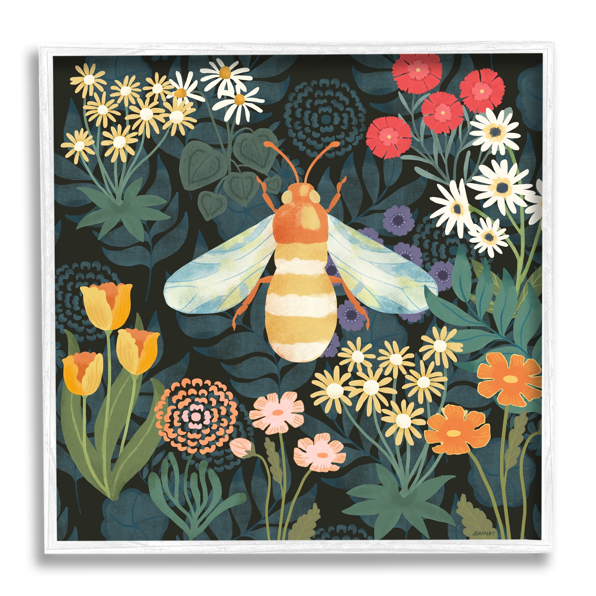 Stupell Industries Bumble Bee Garden Pattern Botanical & Floral Painting White Framed Art Print Wall Art, 12 x 12