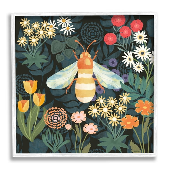 Stupell Industries Bumble Bee Garden Pattern Botanical & Floral Painting White Framed Art Print Wall Art, 12 x 12