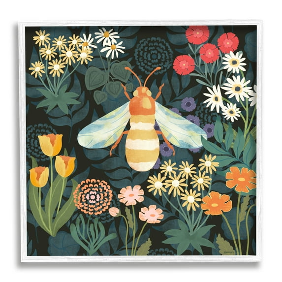 Stupell Industries Bumble Bee Garden Pattern Botanical & Floral Painting White Framed Art Print Wall Art, 24 x 24