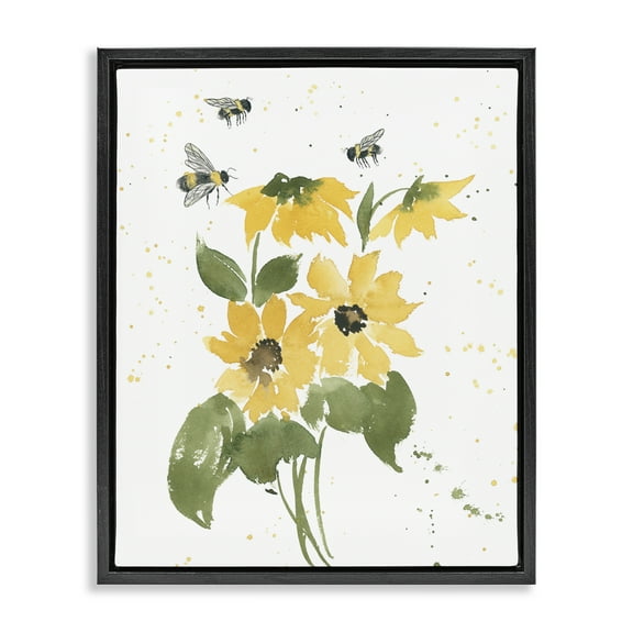 Stupell Industries Bumble Bees & Daisies Botanical & Floral Painting Black Floater Framed Art Print Wall Art, 17 x 21
