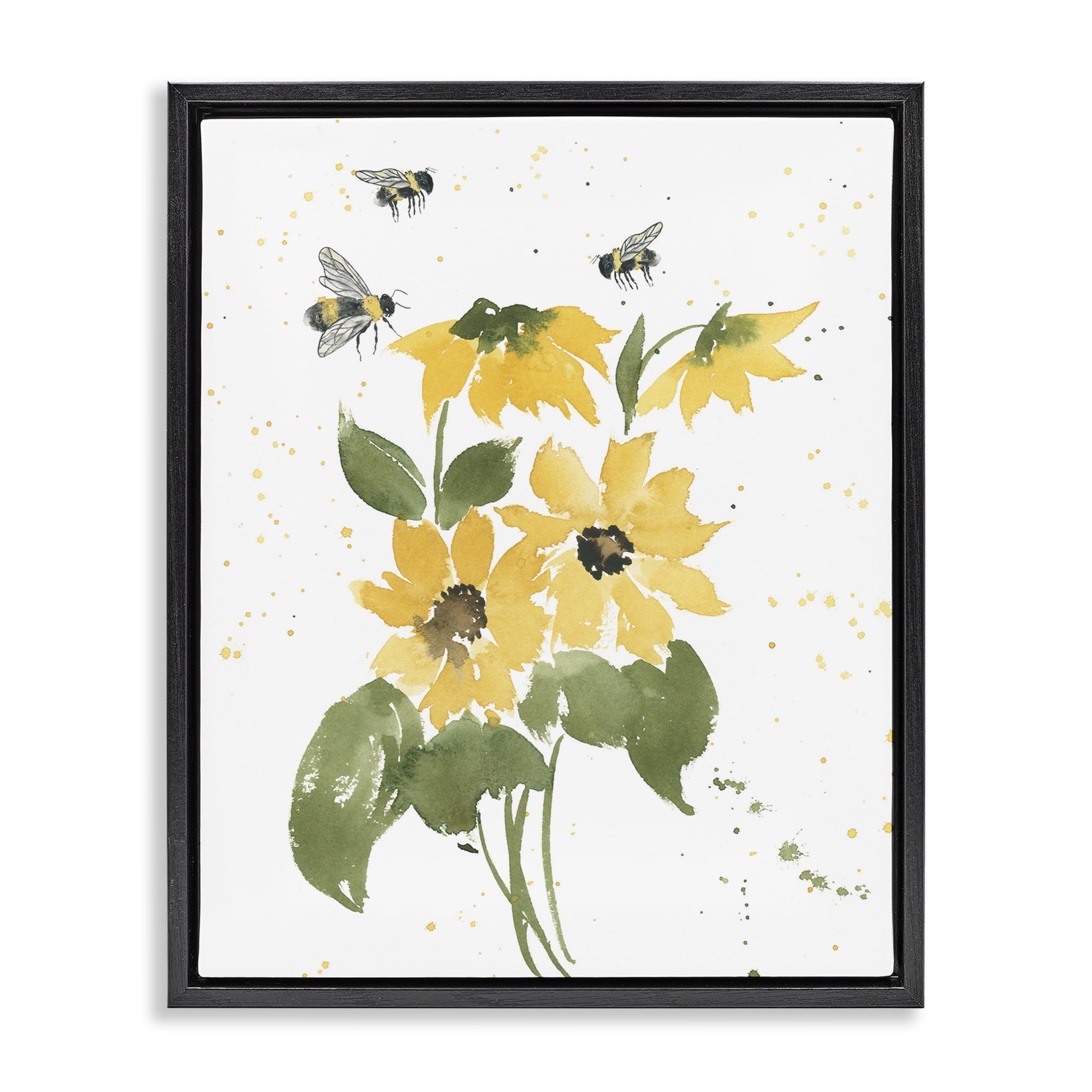 Stupell Industries Bumble Bees & Daisies Botanical & Floral Painting Black Floater Framed Art Print Wall Art, 25 x 31