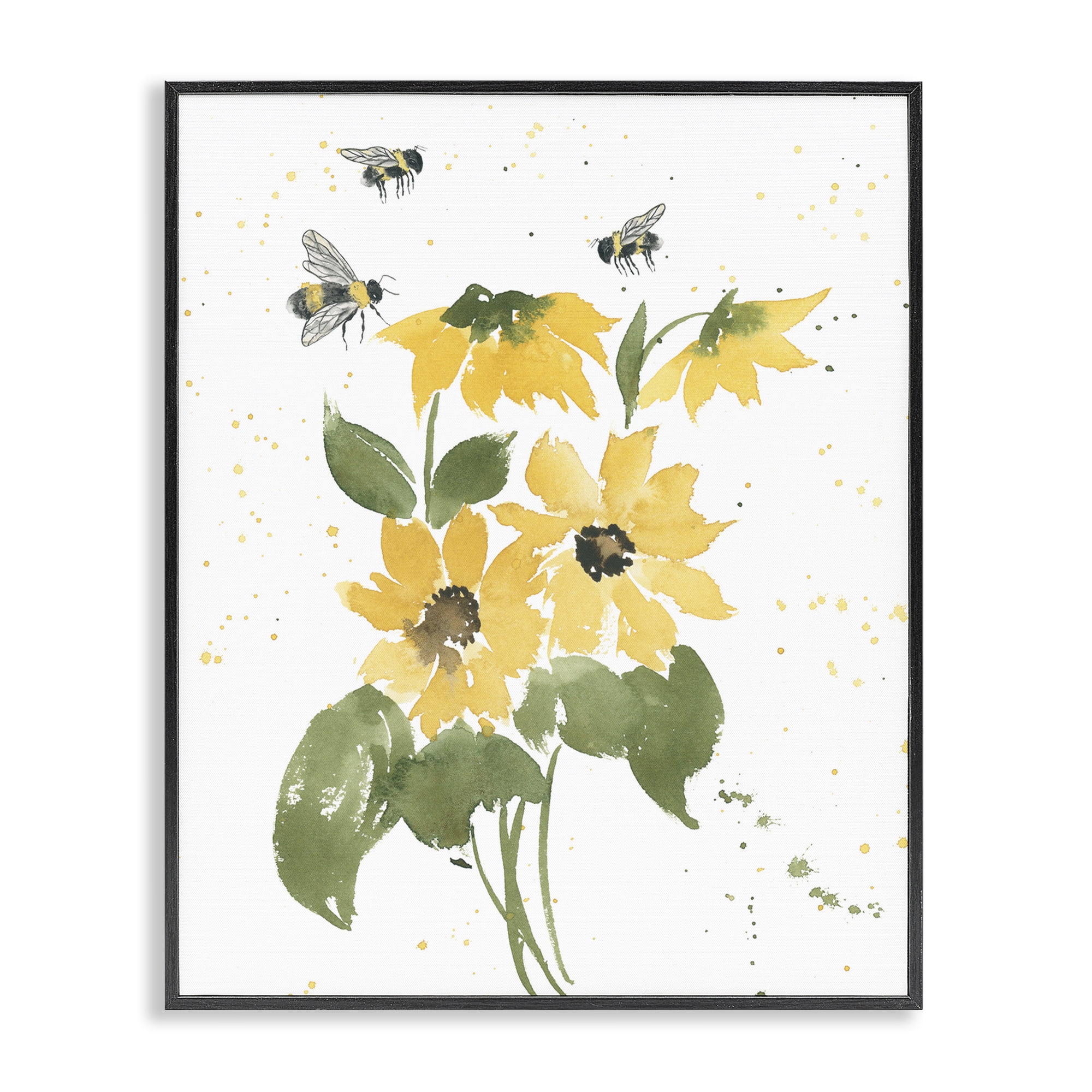 Stupell Industries Bumble Bees & Daisies Botanical & Floral Painting Black Framed Art Print Wall Art, 24 x 30