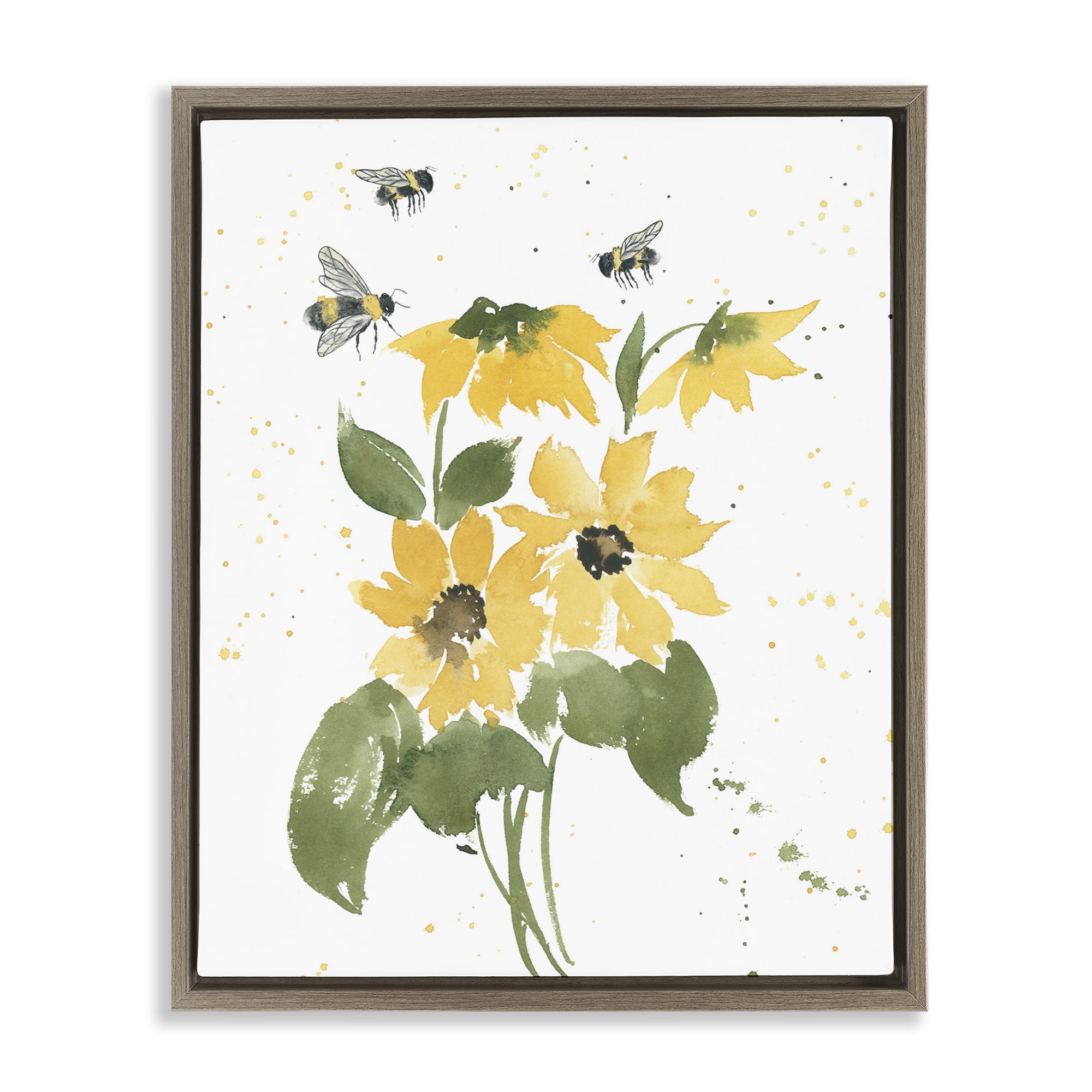 Stupell Industries Bumble Bees & Daisies Botanical & Floral Painting Brown Floater Framed Art Print Wall Art, 17 x 21