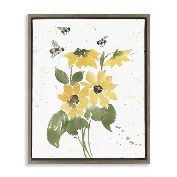 Stupell Industries Bumble Bees & Daisies Botanical & Floral Painting Brown Floater Framed Art Print Wall Art, 25 x 31