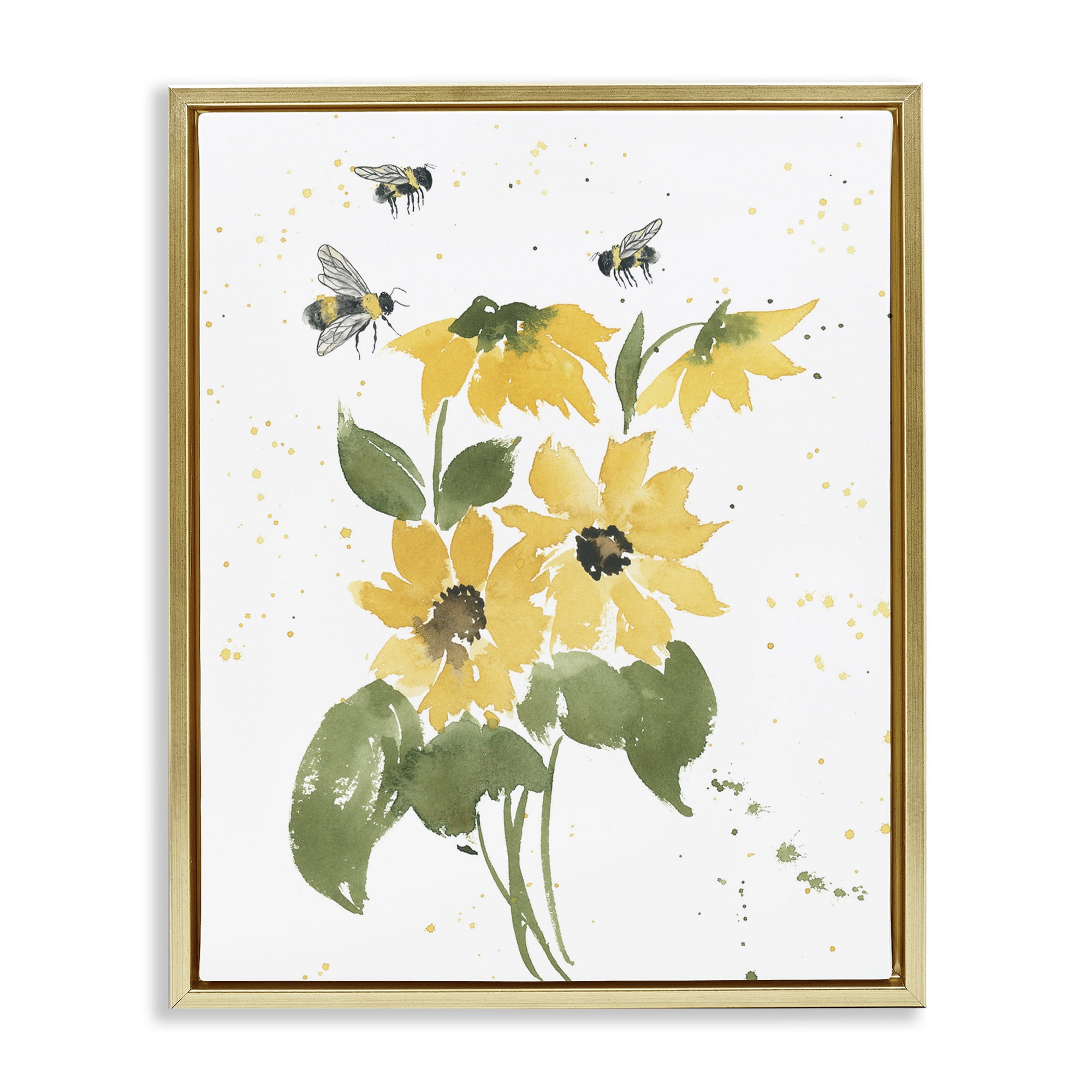 Stupell Industries Bumble Bees & Daisies Botanical & Floral Painting Gold Floater Framed Art Print Wall Art, 25 x 31
