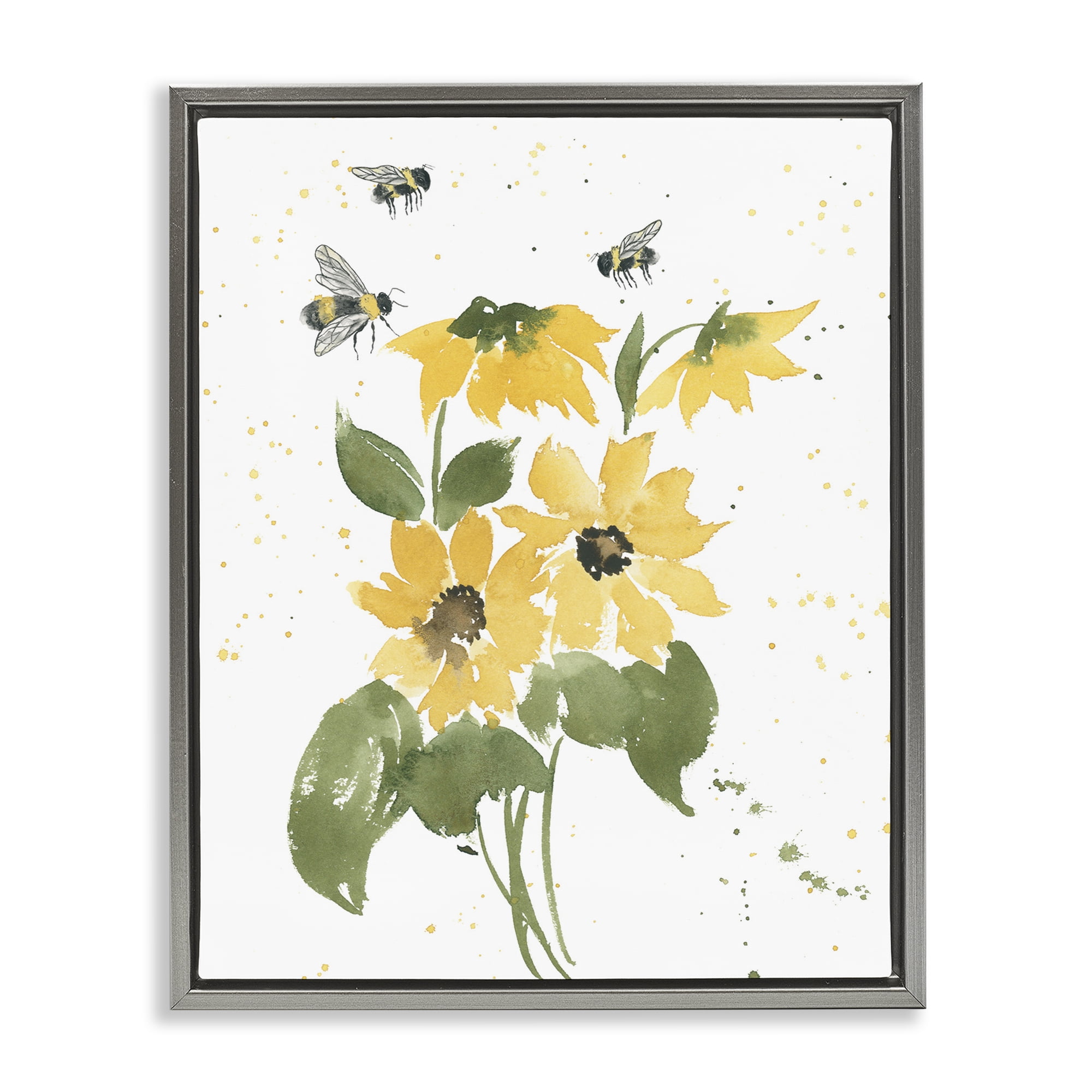 Stupell Industries Bumble Bees & Daisies Botanical & Floral Painting Gray Floater Framed Art Print Wall Art, 25 x 31