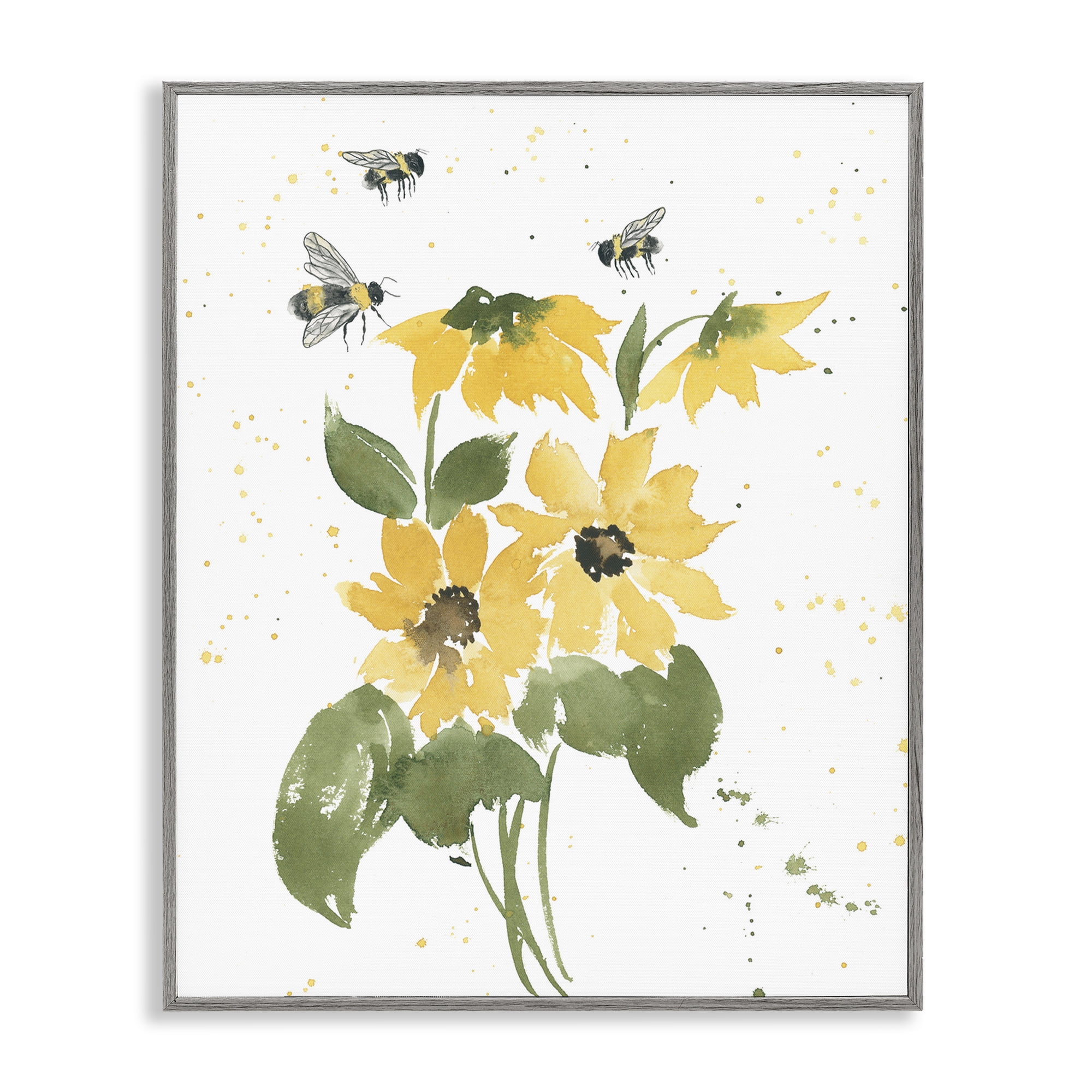 Stupell Industries Bumble Bees & Daisies Botanical & Floral Painting Gray Framed Art Print Wall Art, 24 x 30