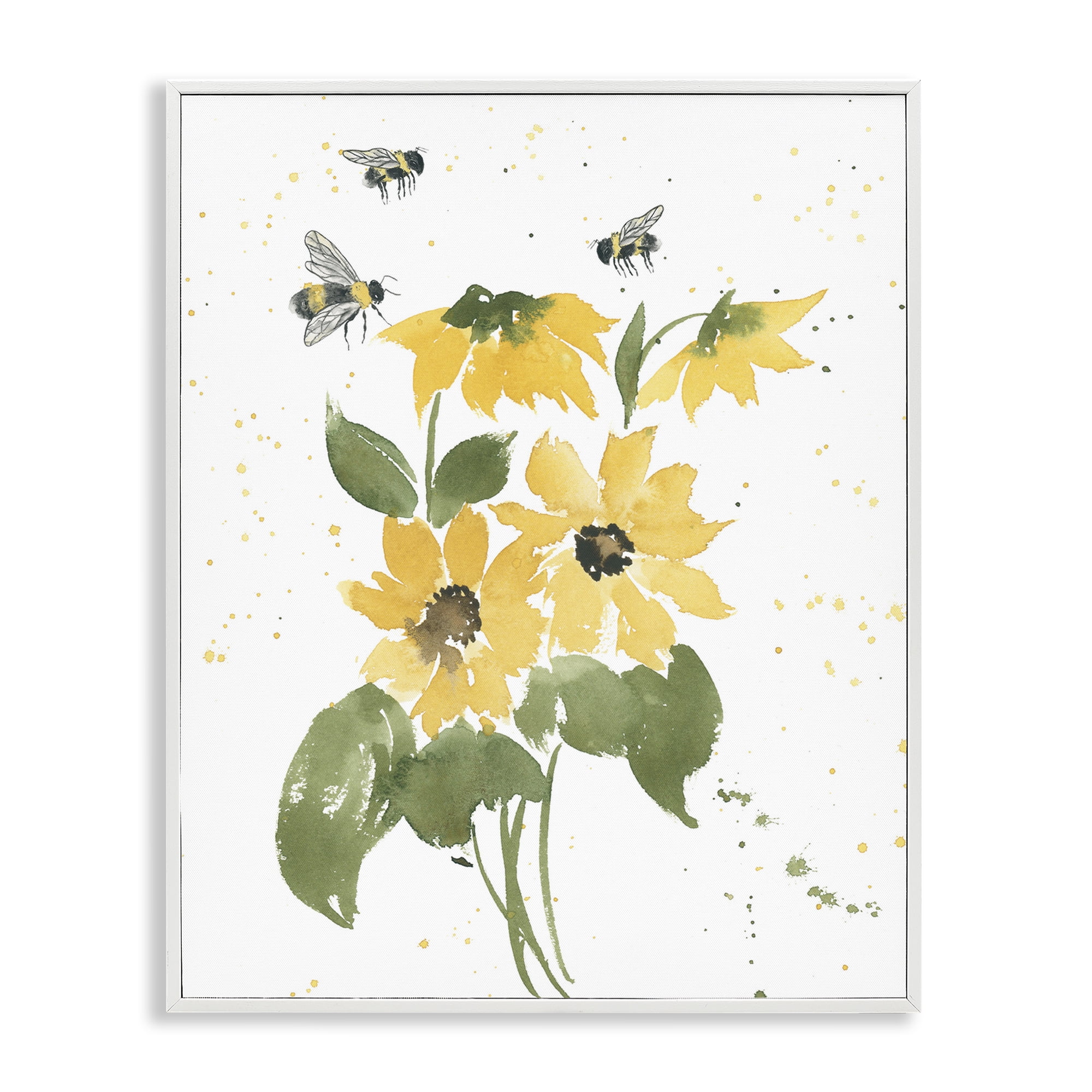 Stupell Industries Bumble Bees & Daisies Botanical & Floral Painting White Framed Art Print Wall Art, 16 x 20
