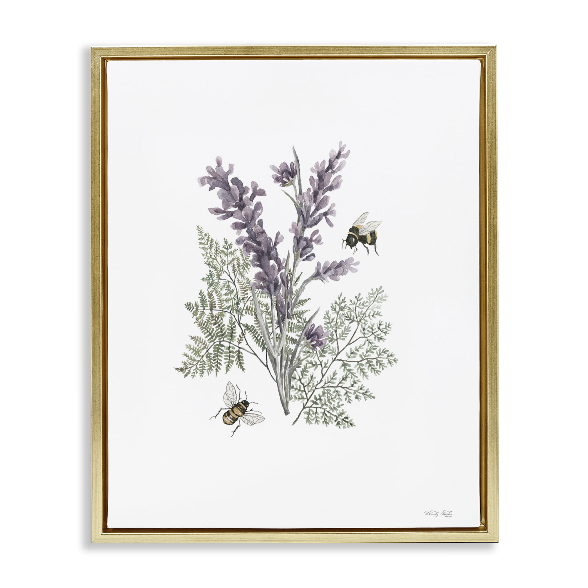 Stupell Industries Bumble Bees & Lavender Animals & Insects Painting Gold Floater Framed Art Print Wall Art, 25 x 31