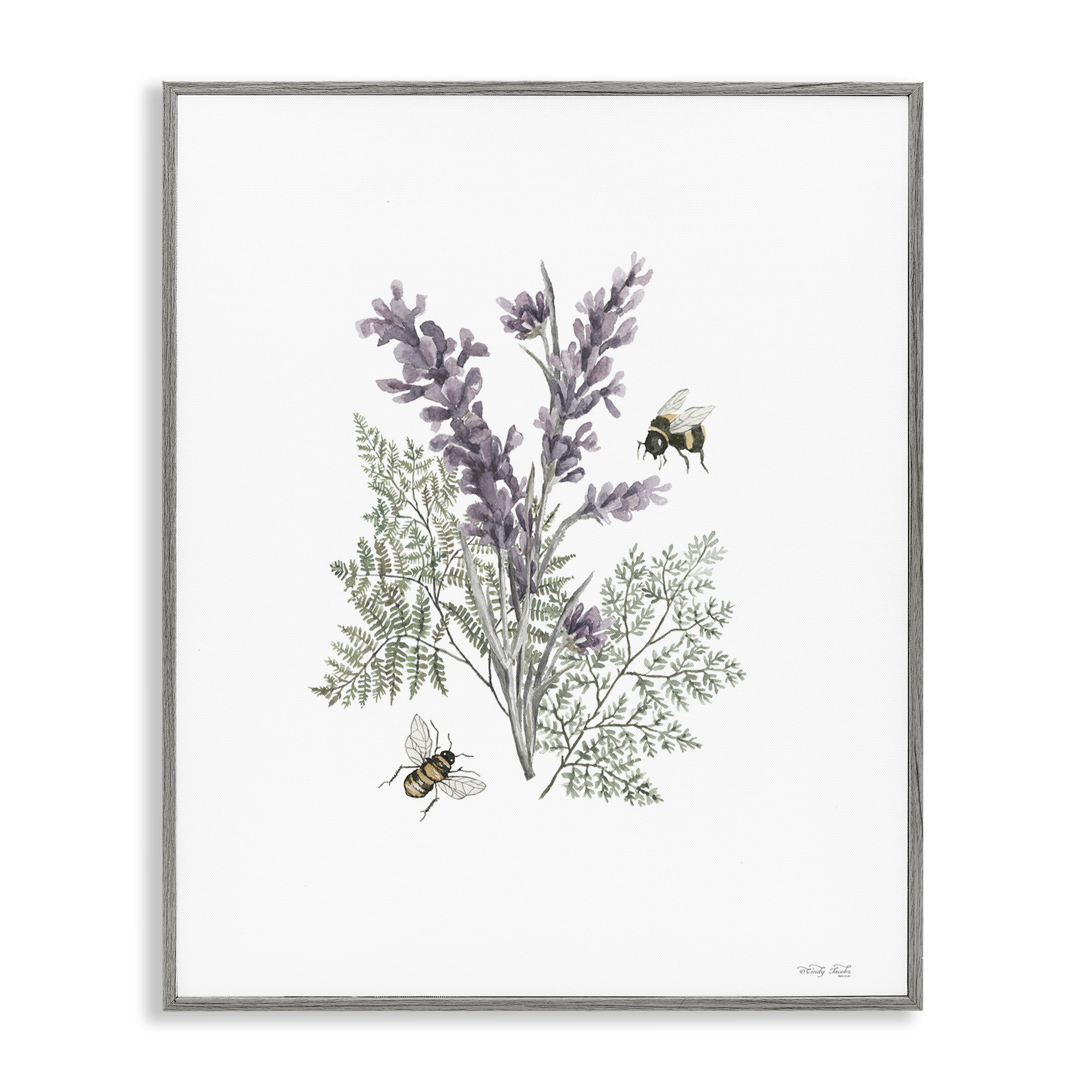 Stupell Industries Bumble Bees & Lavender Animals & Insects Painting Gray Framed Art Print Wall Art, 16 x 20