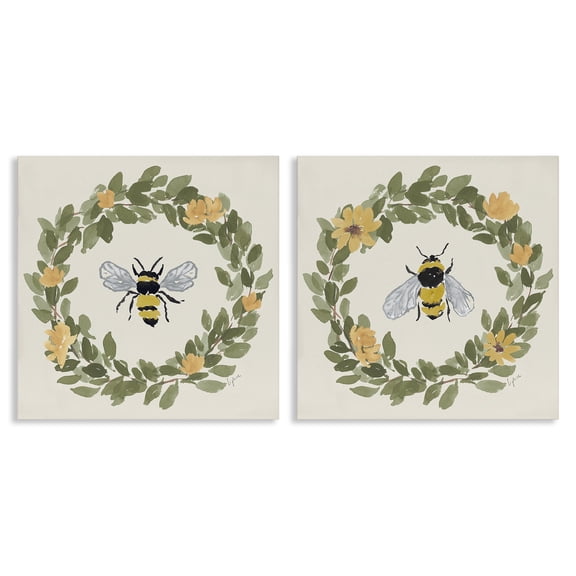 Stupell Industries Bumble Bees in Round Wreaths Country Charm Painting Wrapped Canvas Canvas Art Print Wall Art, 17 x 17, Set of 2