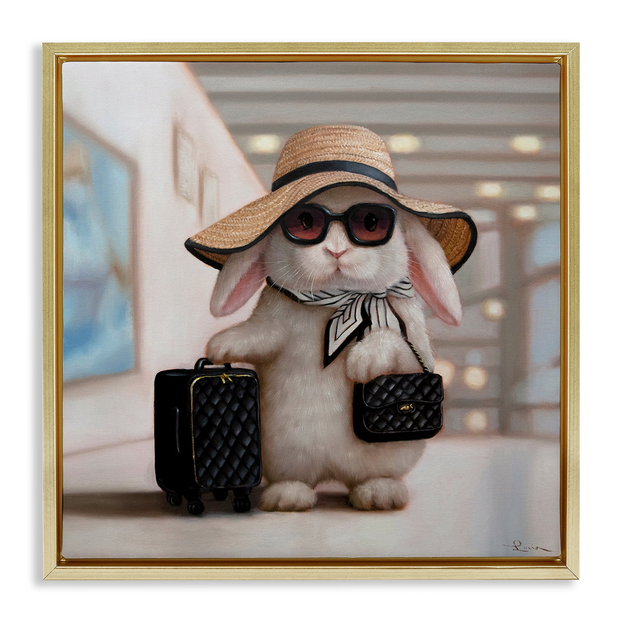 Stupell Industries Bun Voyage Traveling Rabbit Gold Framed Floater Canvas Wall Art, design by Lucia Heffernan