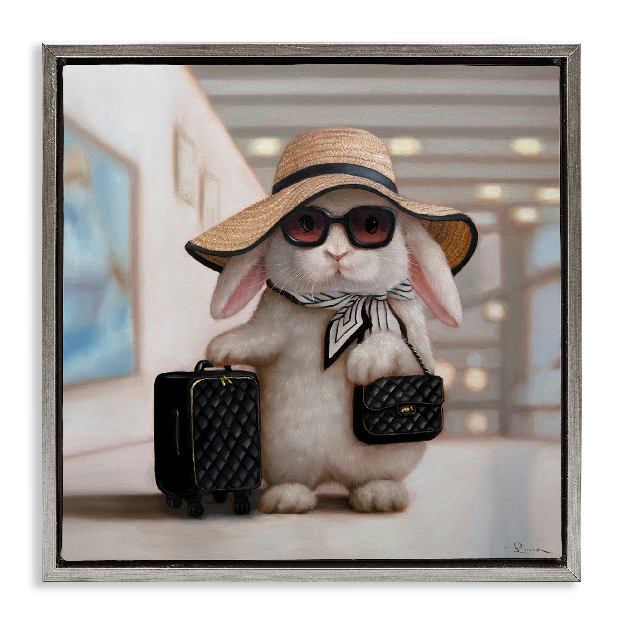 Stupell Industries Bun Voyage Traveling Rabbit Gray Framed Floater Canvas Wall Art, design by Lucia Heffernan