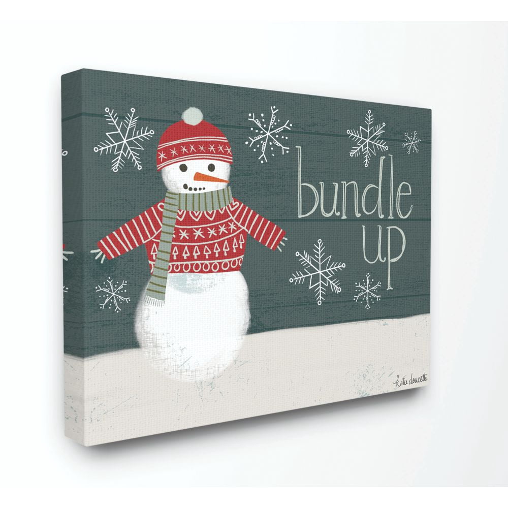 Stupell Industries Bundle Up Snowman Wood Texture Holiday Word DesignCanvas Wall Art By Artist Katie Doucette
