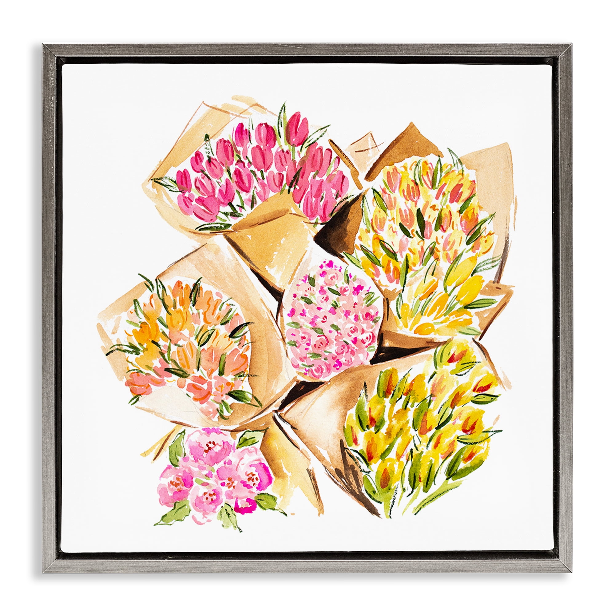 Stupell Industries Bundle of Bouquets Botanical & Floral Painting Gray Floater Framed Art Print Wall Art, 18 x 18