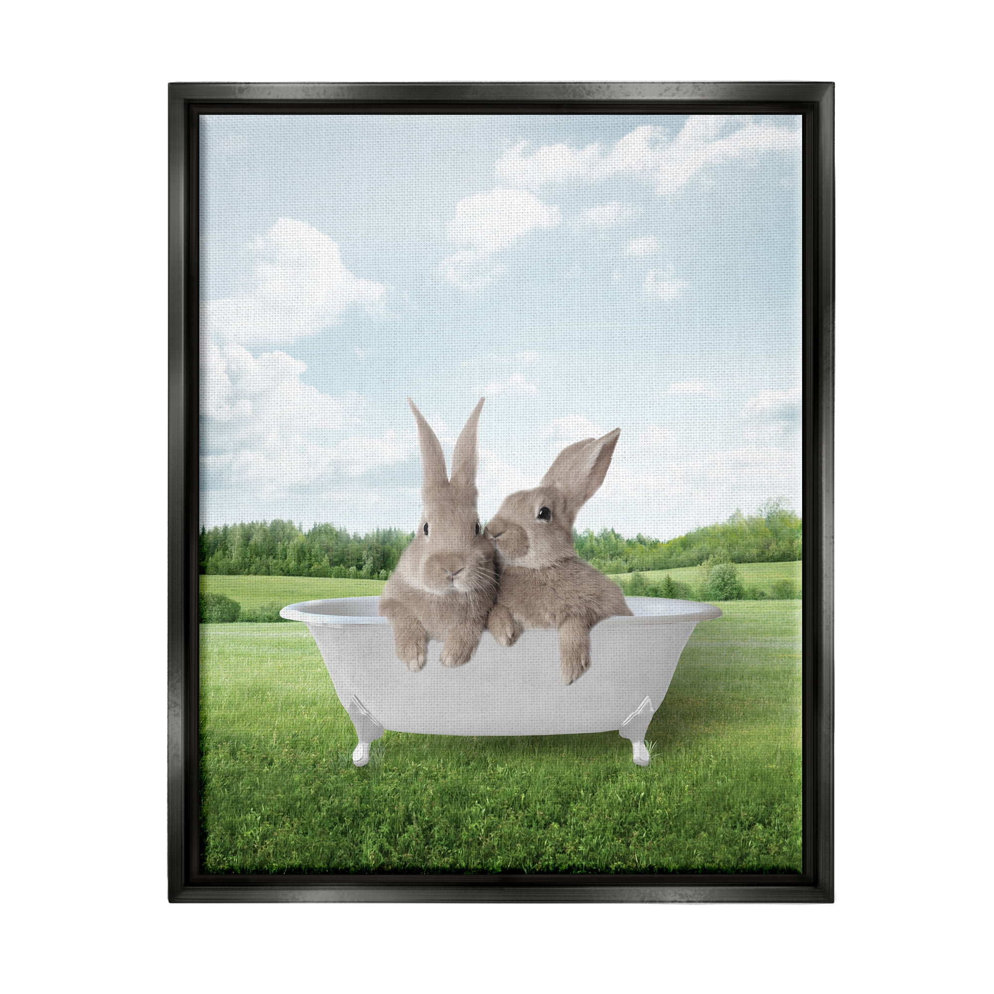 Stupell Industries Bunnies in Tub Landscape Nature Painting Black Floater Framed Art Print Wall Art, 25 x 31