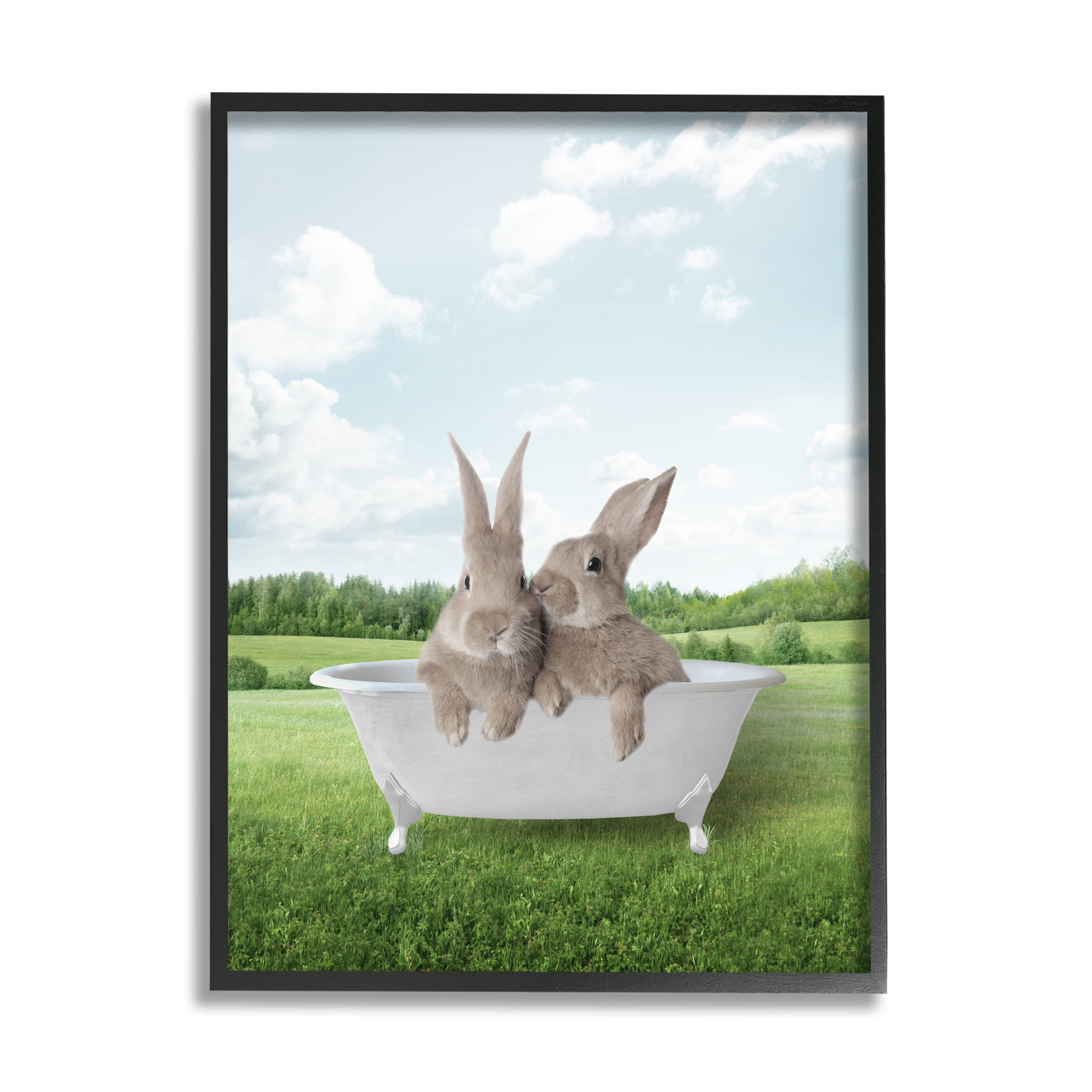 Stupell Industries Bunnies in Tub Landscape Nature Painting Black Framed Art Print Wall Art, 24 x 30