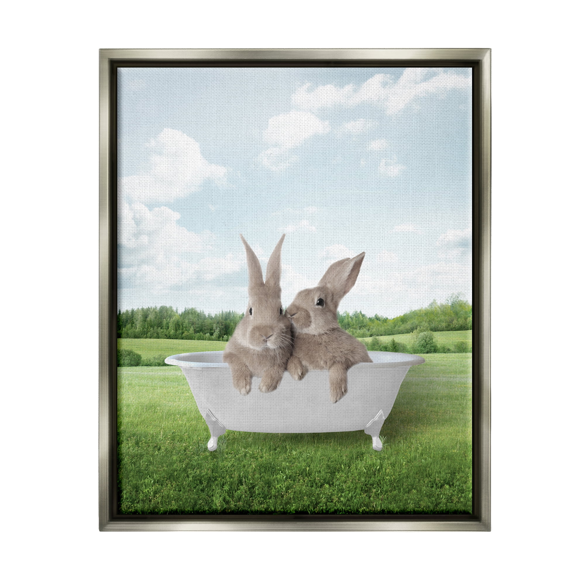 Stupell Industries Bunnies in Tub Landscape Nature Painting Gray Floater Framed Art Print Wall Art, 25 x 31