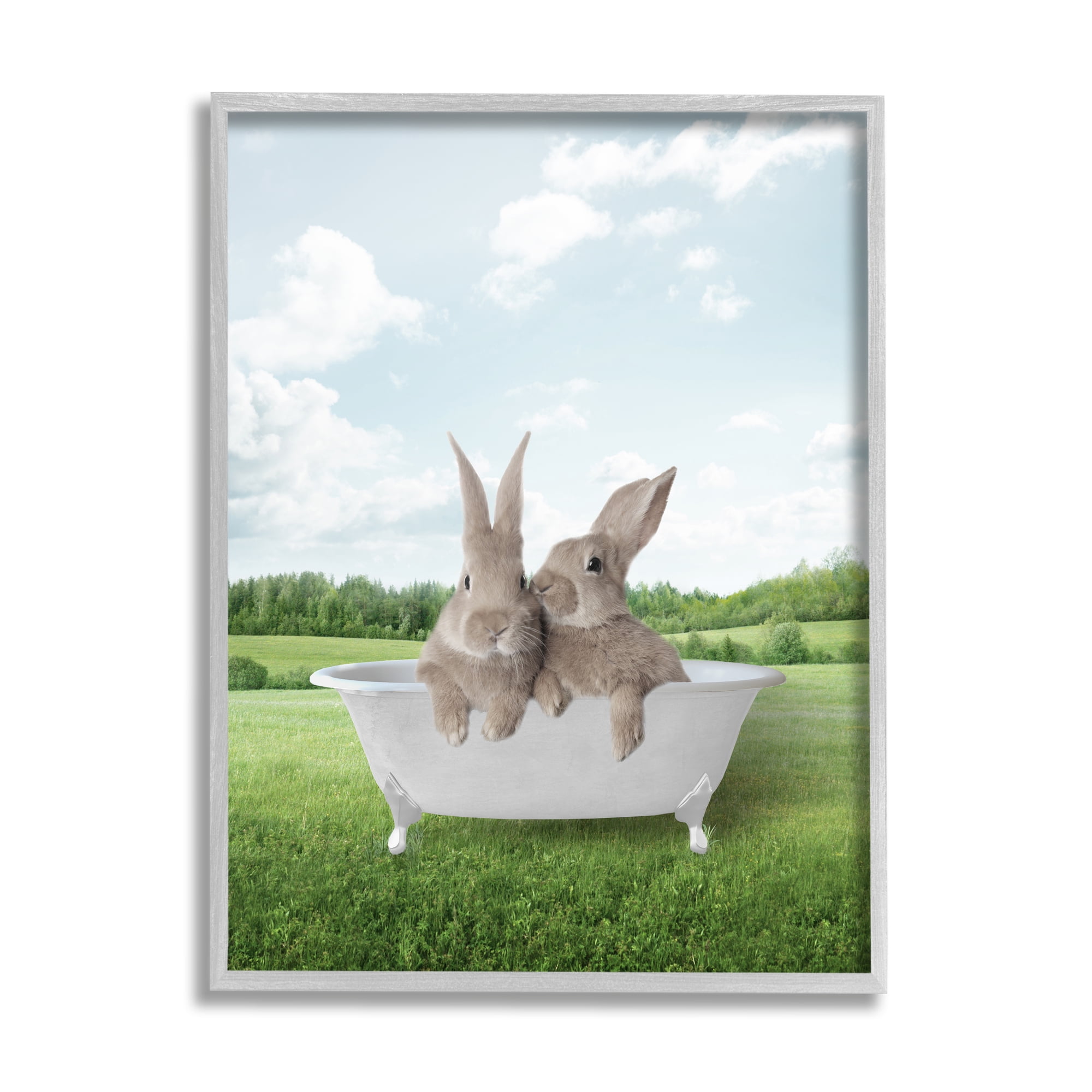 Stupell Industries Bunnies in Tub Landscape Nature Painting Gray Framed Art Print Wall Art, 24 x 30