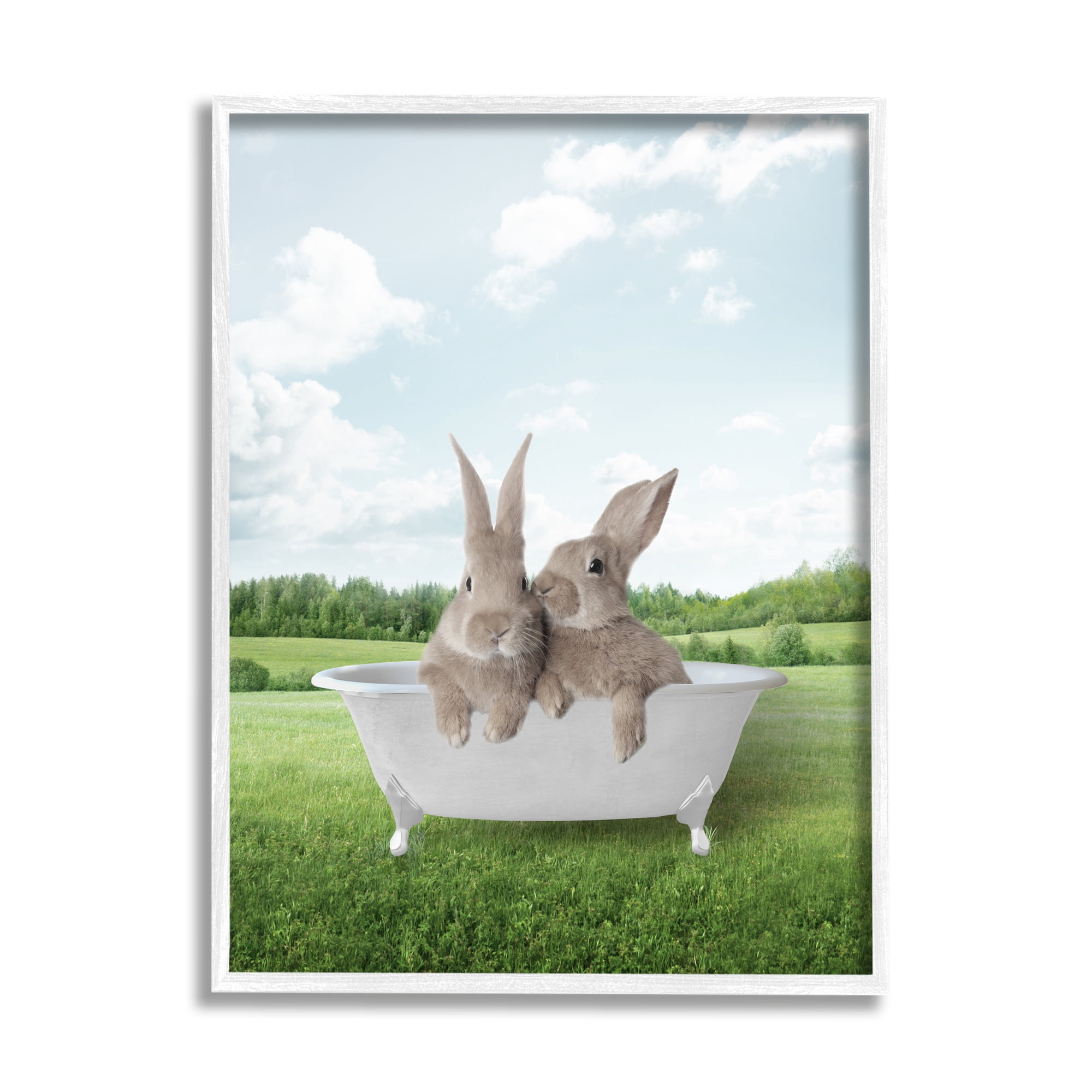 Stupell Industries Bunnies in Tub Landscape Nature Painting White Framed Art Print Wall Art, 16 x 20
