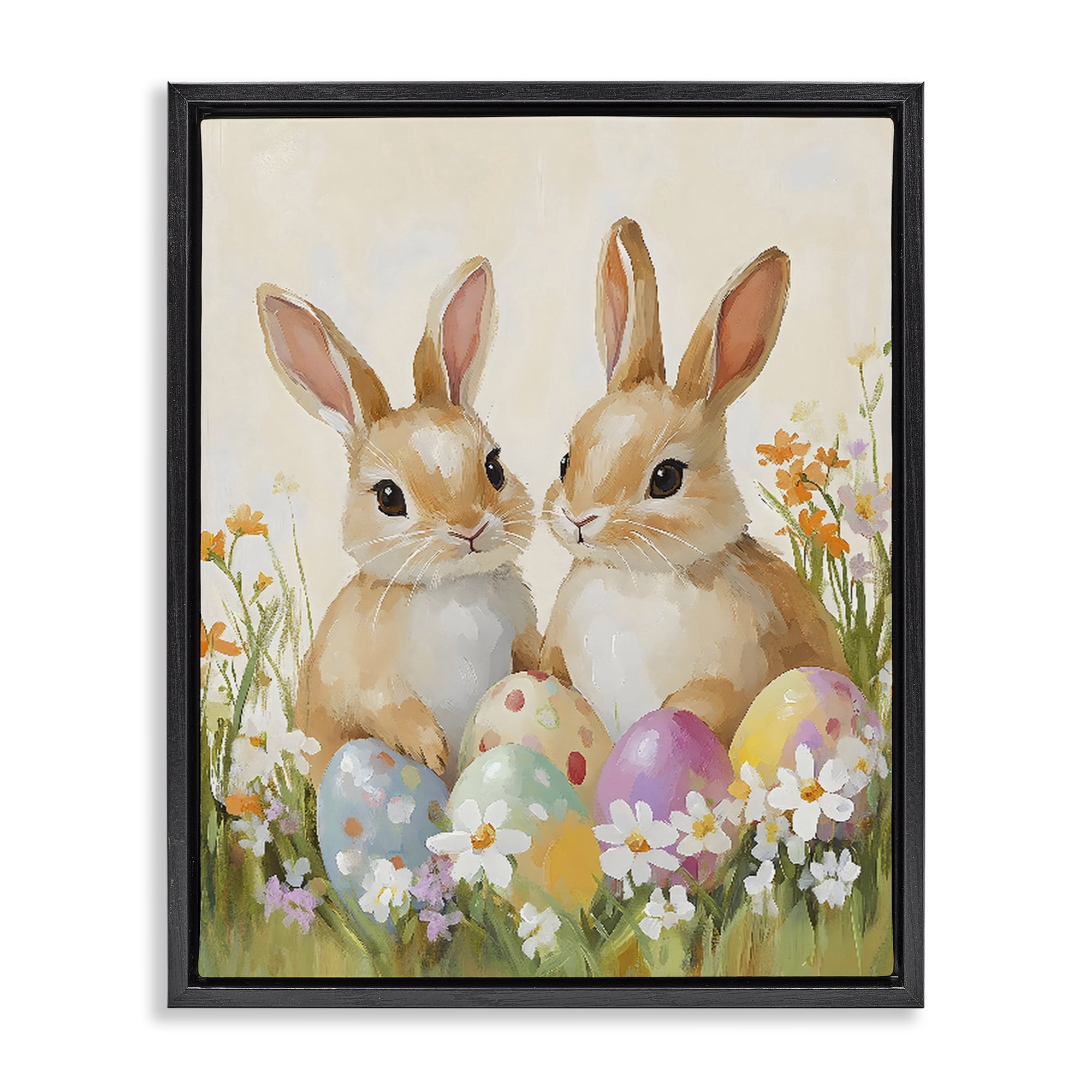 Stupell Industries Bunnies with Painted Easter Eggs Black Framed Floater Canvas Wall Art, design by The Prints Vibe