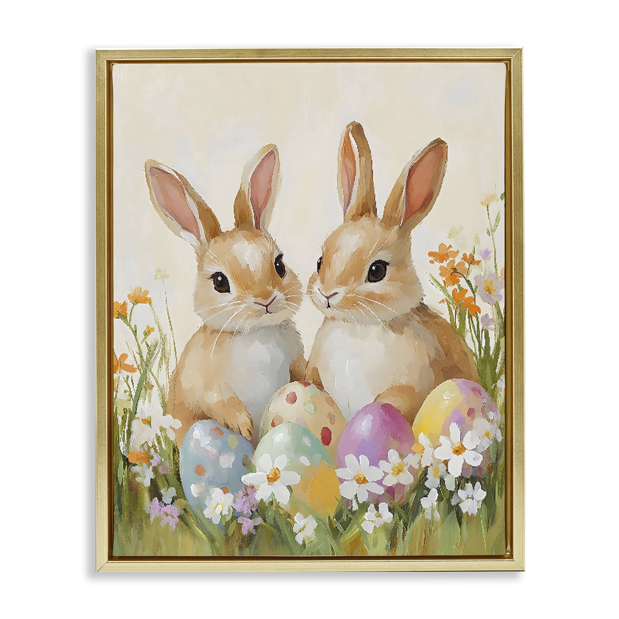 Bunnies with Painted Easter Eggs Gold Floating Frame Canvas Art, 17 x 21 - By The Prints Vibe