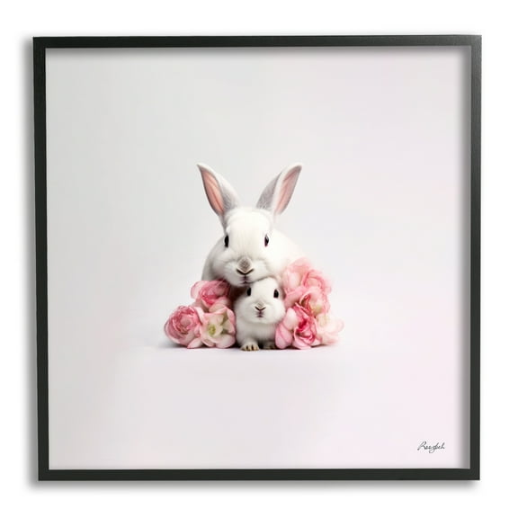 Stupell Industries Bunnies with Pink Peonies Animals & Insects Painting Black Framed Art Print Wall Art, 12 x 12