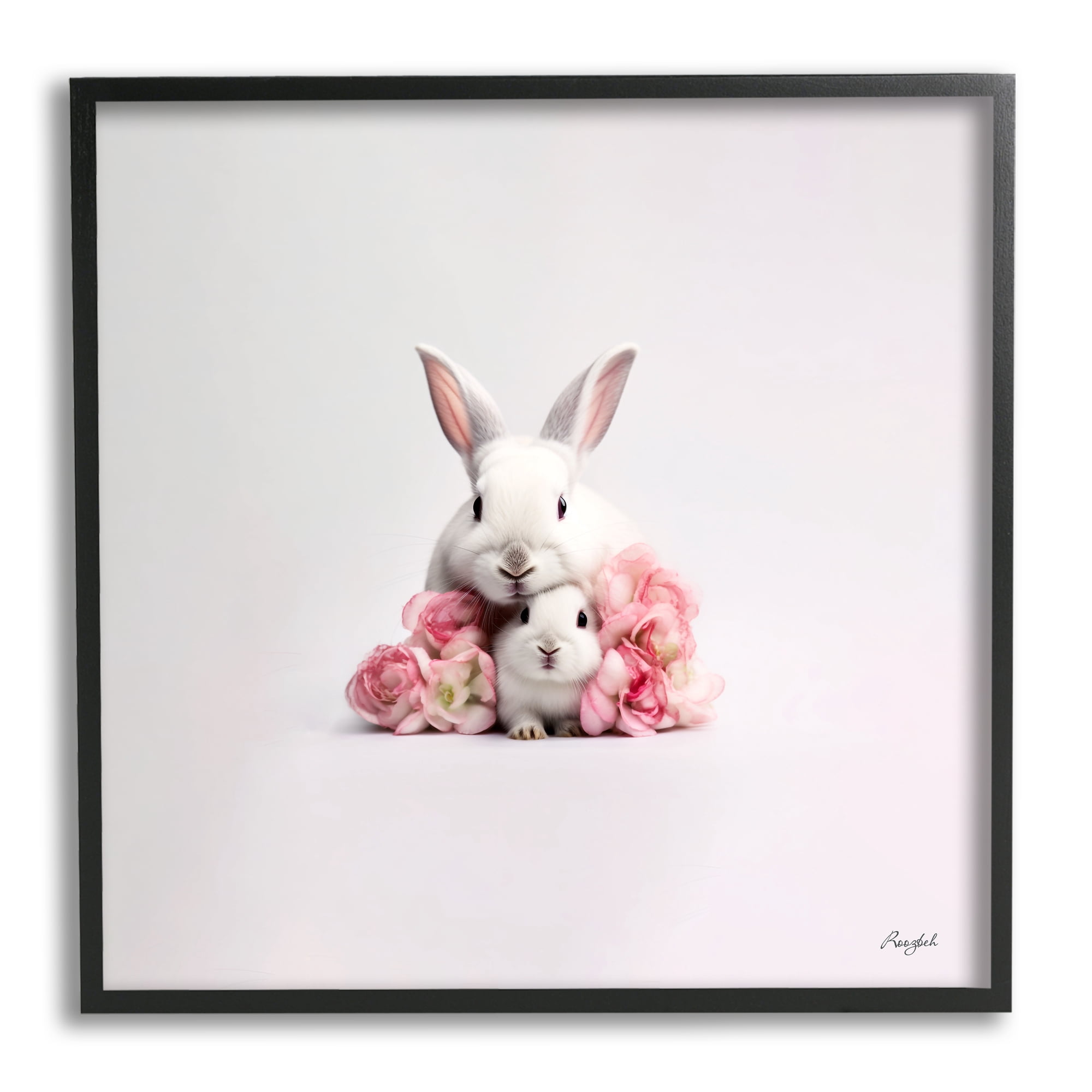 Stupell Industries Bunnies with Pink Peonies Animals & Insects Painting Black Framed Art Print Wall Art, 17 x 17