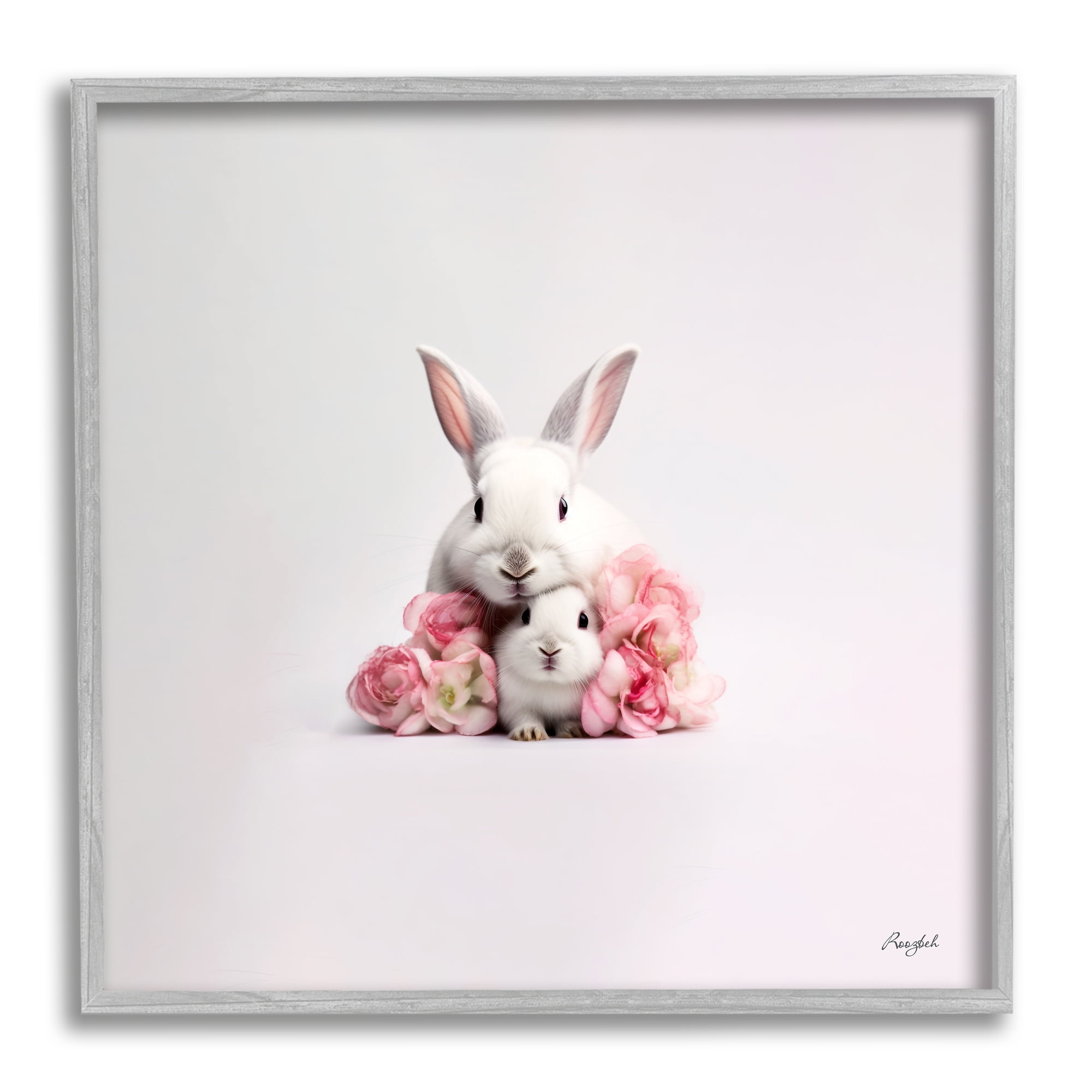 Stupell Industries Bunnies with Pink Peonies Animals & Insects Painting Gray Framed Art Print Wall Art, 12 x 12