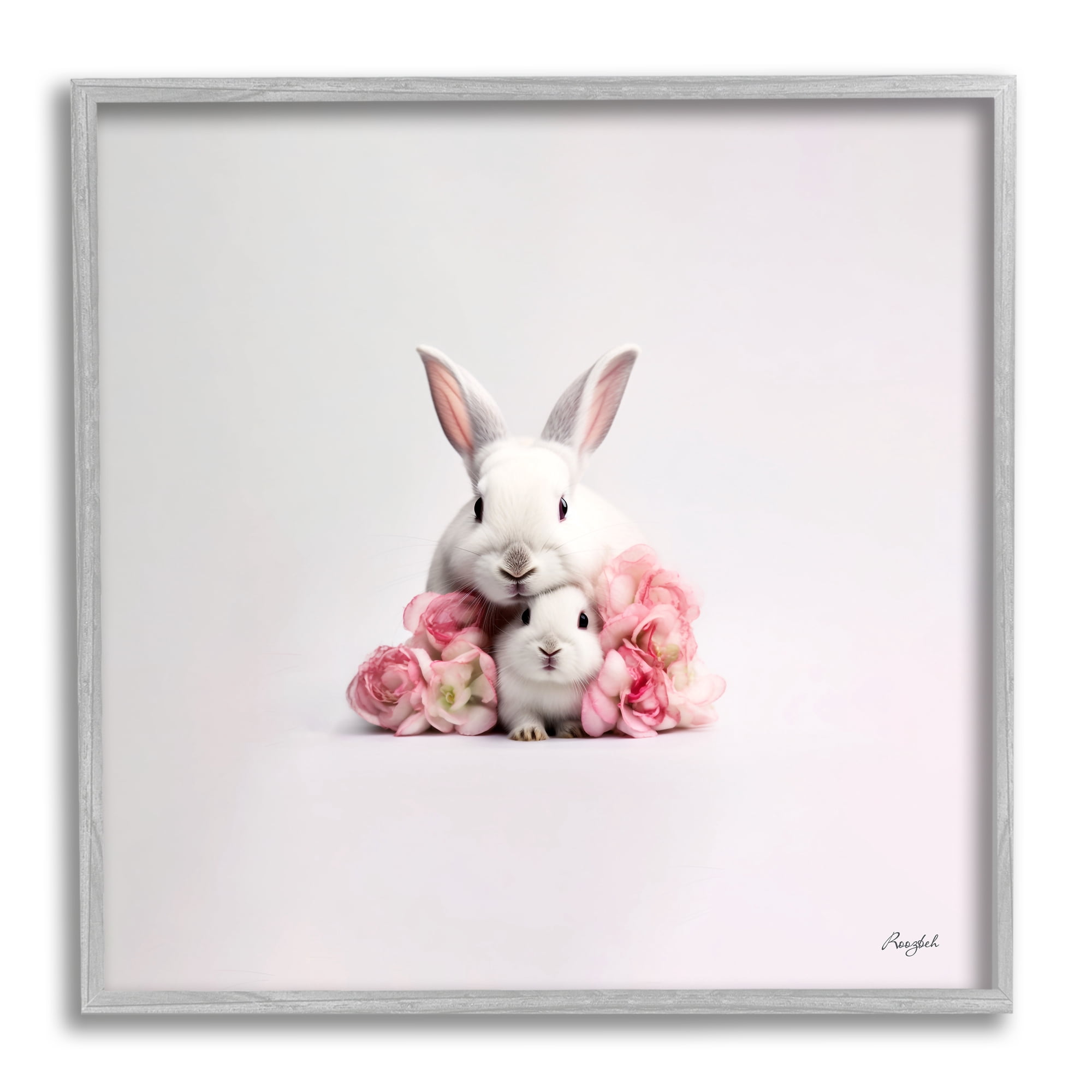 Stupell Industries Bunnies with Pink Peonies Animals & Insects Painting Gray Framed Art Print Wall Art, 17 x 17