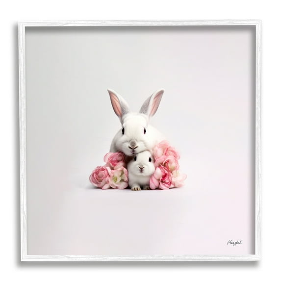 Stupell Industries Bunnies with Pink Peonies Animals & Insects Painting White Framed Art Print Wall Art, 24 x 24
