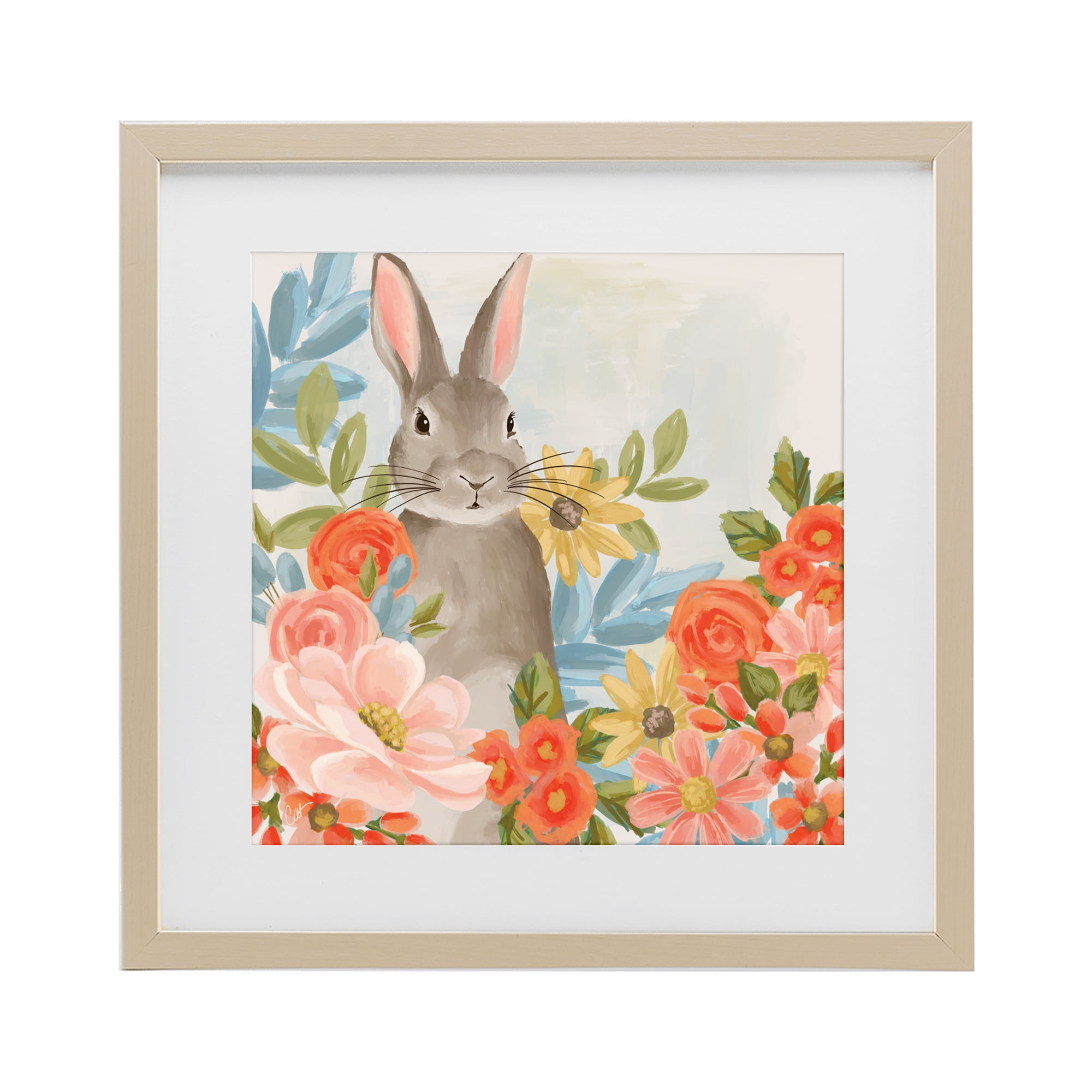 Stupell Industries Bunny Among The Blooms Birch Framed Print Under Glass, design by Cat Thurman Designs