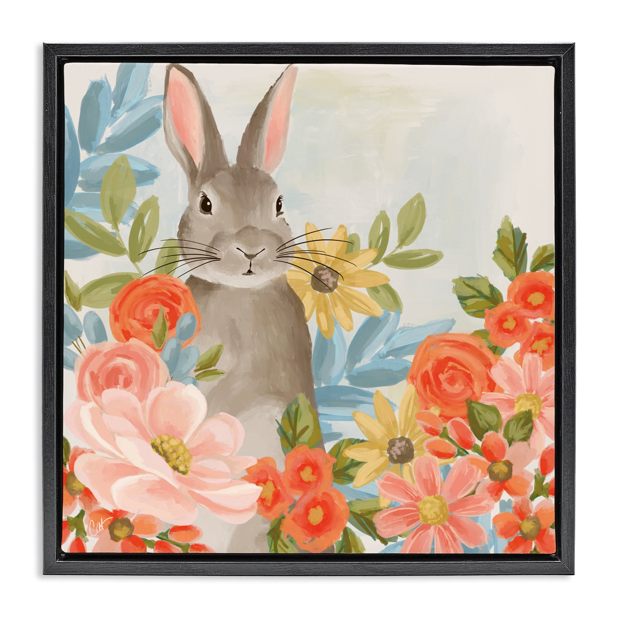 Stupell Industries Bunny Among The Blooms Black Framed Floater Canvas Wall Art, design by Cat Thurman Designs