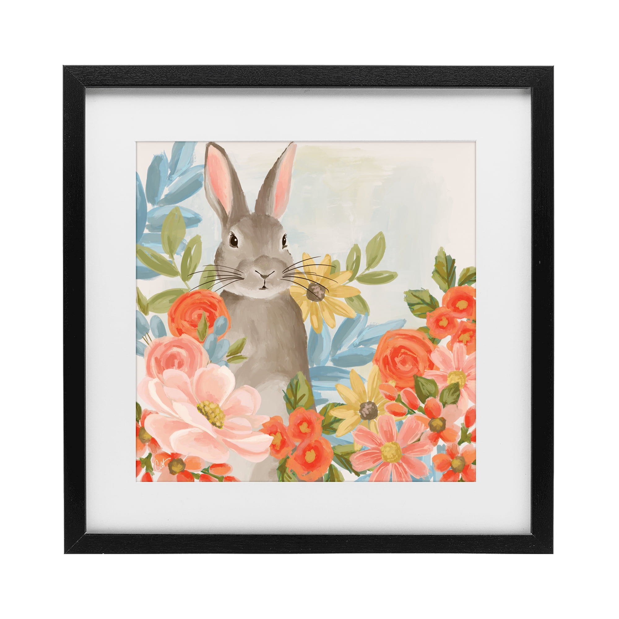 Stupell Industries Bunny Among The Blooms Black Framed Print Under Glass, design by Cat Thurman Designs