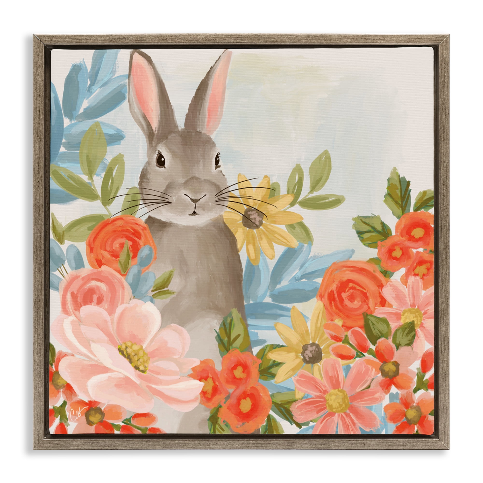Stupell Industries Bunny Among The Blooms Brown Framed Floater Canvas Wall Art, design by Cat Thurman Designs