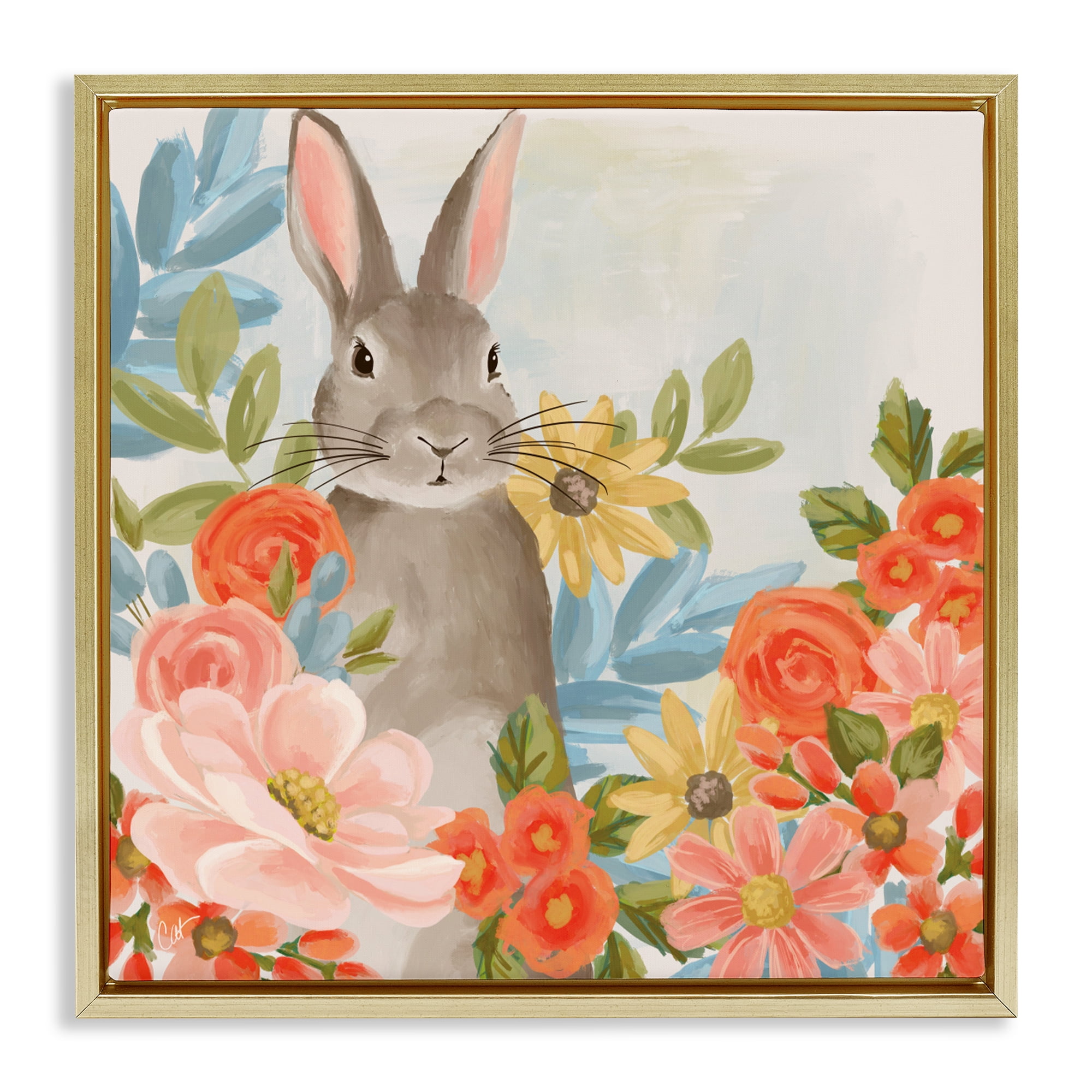 Stupell Industries Bunny Among The Blooms Gold Framed Floater Canvas Wall Art, design by Cat Thurman Designs
