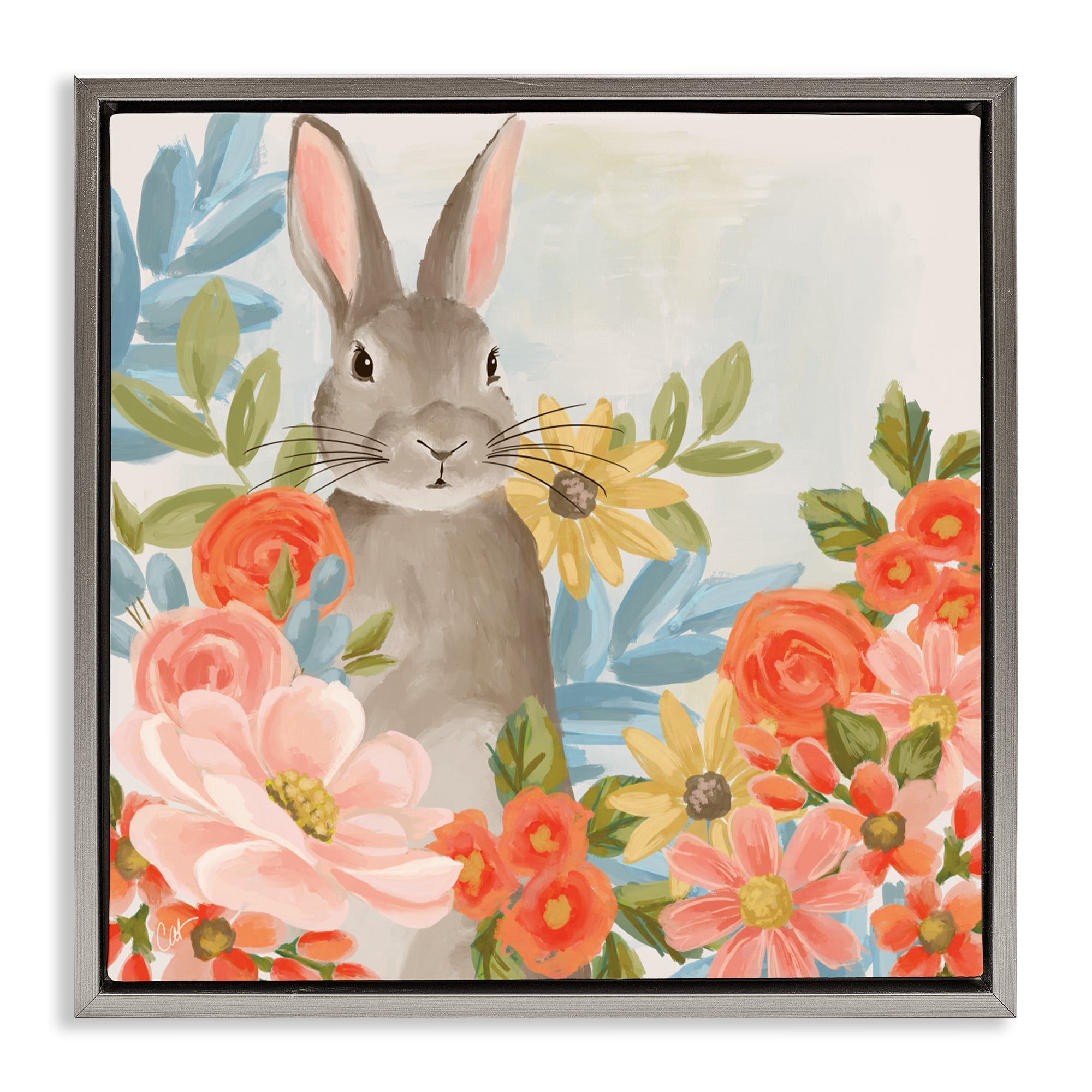 Stupell Industries Bunny Among The Blooms Gray Framed Floater Canvas Wall Art, design by Cat Thurman Designs
