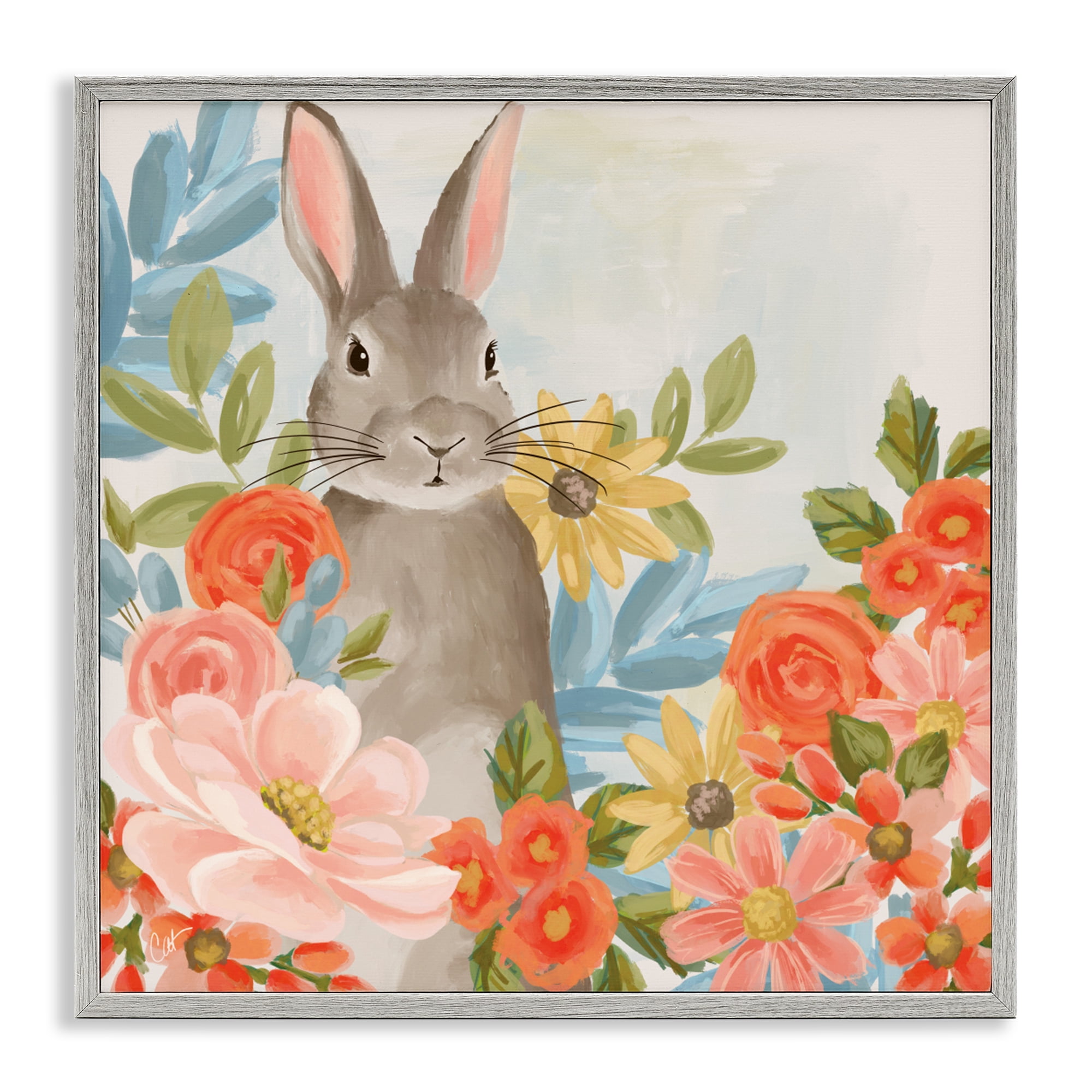 Stupell Industries Bunny Among The Blooms Gray Framed Giclee Art, design by Cat Thurman Designs