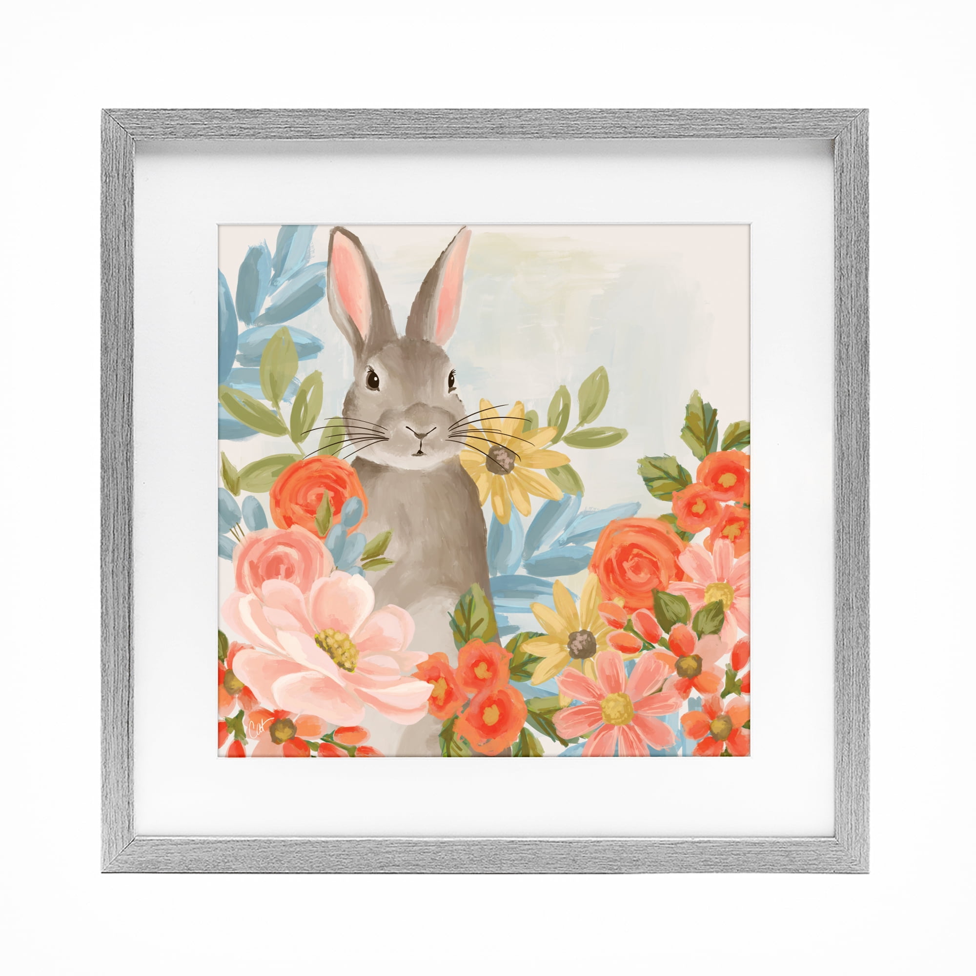 Stupell Industries Bunny Among The Blooms Gray Framed Print Under Glass, design by Cat Thurman Designs