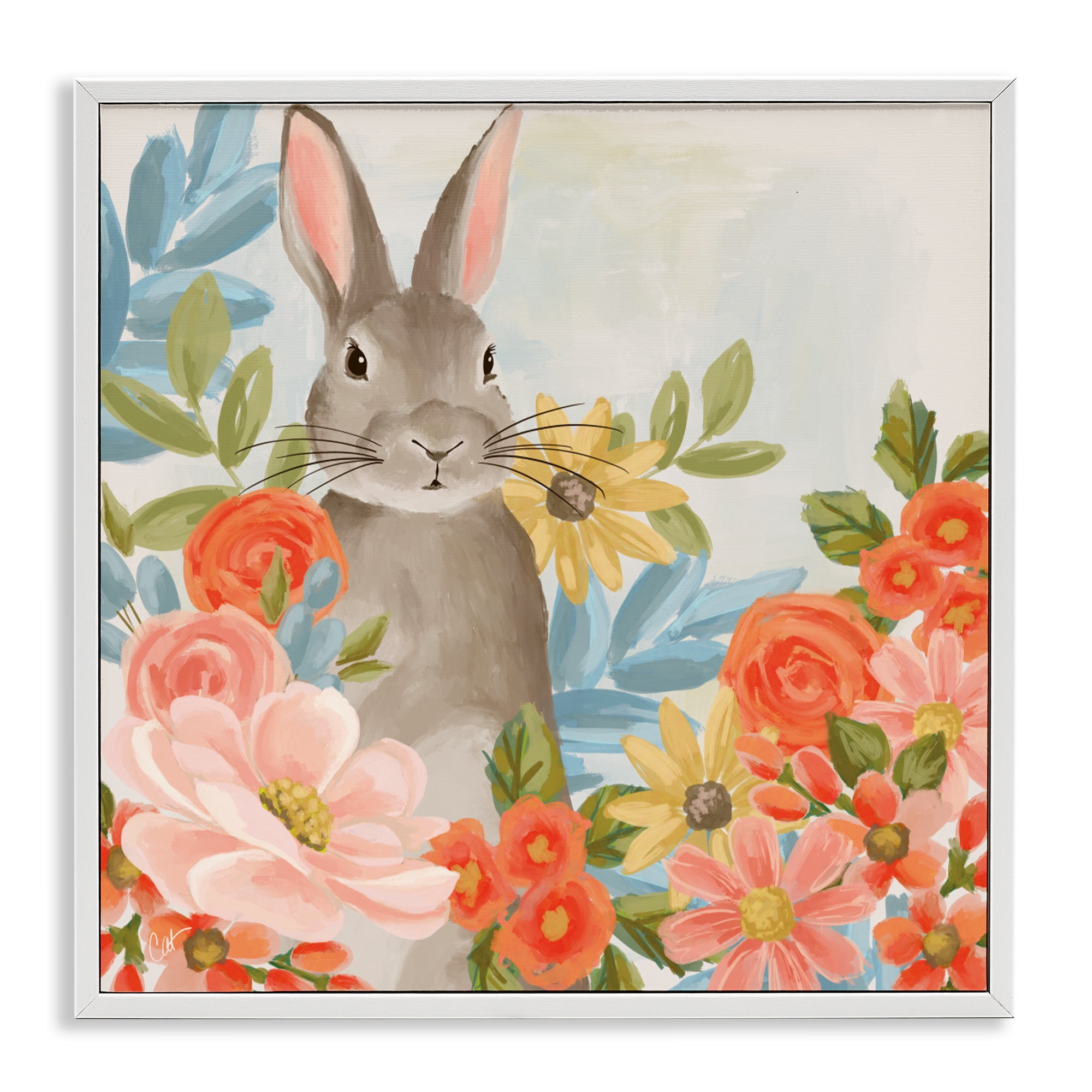 Stupell Industries Bunny Among The Blooms White Framed Giclee Art, design by Cat Thurman Designs