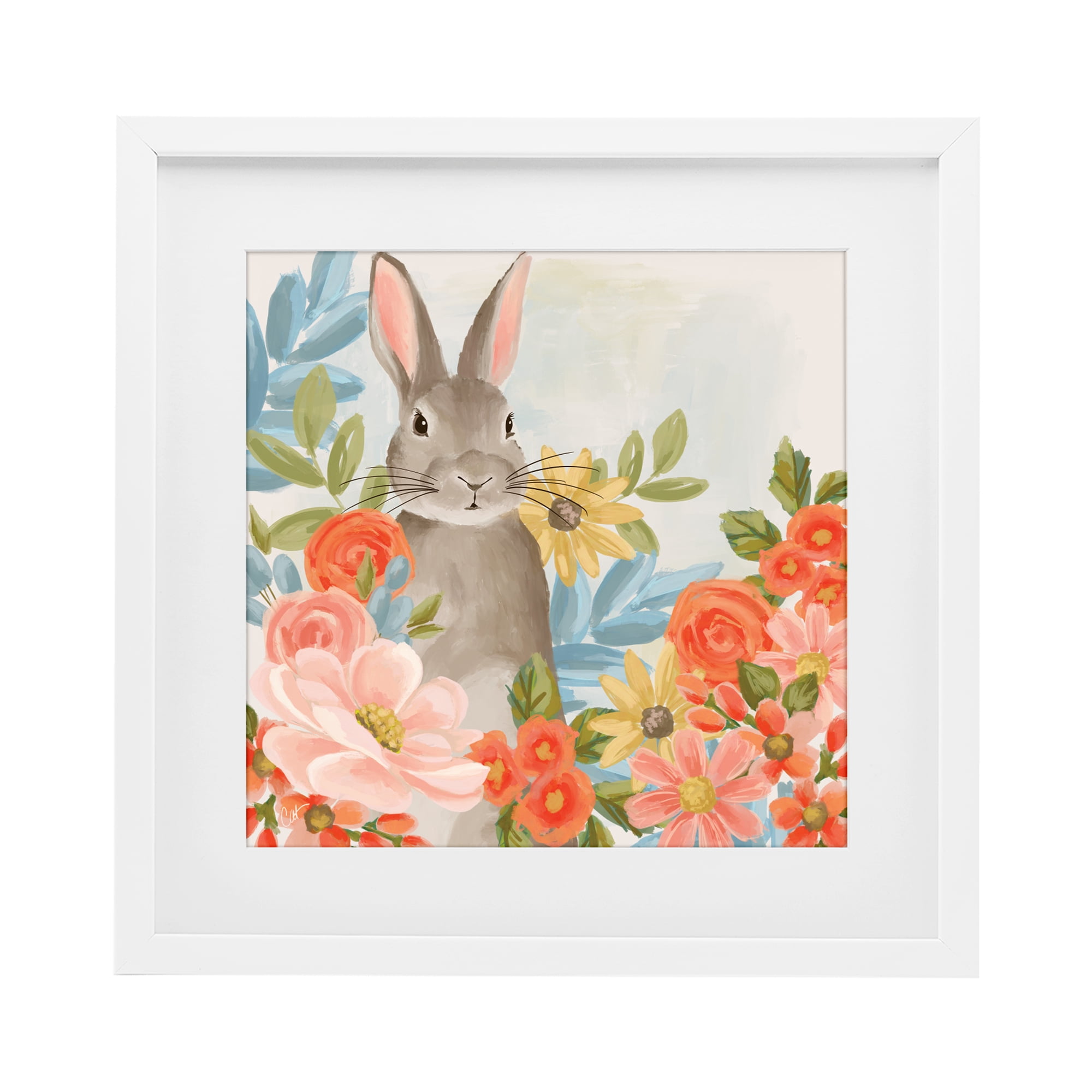Stupell Industries Bunny Among The Blooms White Framed Print Under Glass, design by Cat Thurman Designs