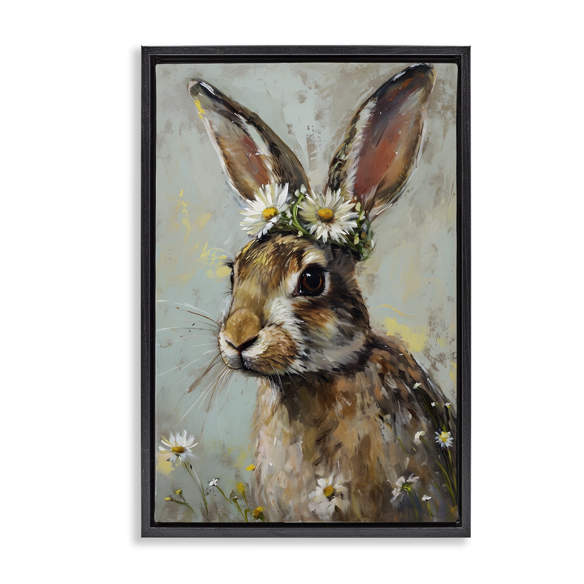 Stupell Industries Bunny & Daisy Crown Animals & Insects Painting Black Floater Framed Canvas Art Print Wall Art, 17 x 25