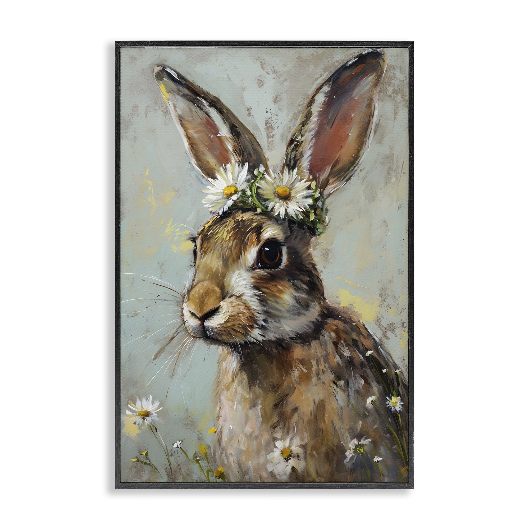 Stupell Industries Bunny & Daisy Crown Animals & Insects Painting Black Framed Art Print Wall Art, 20 x 30