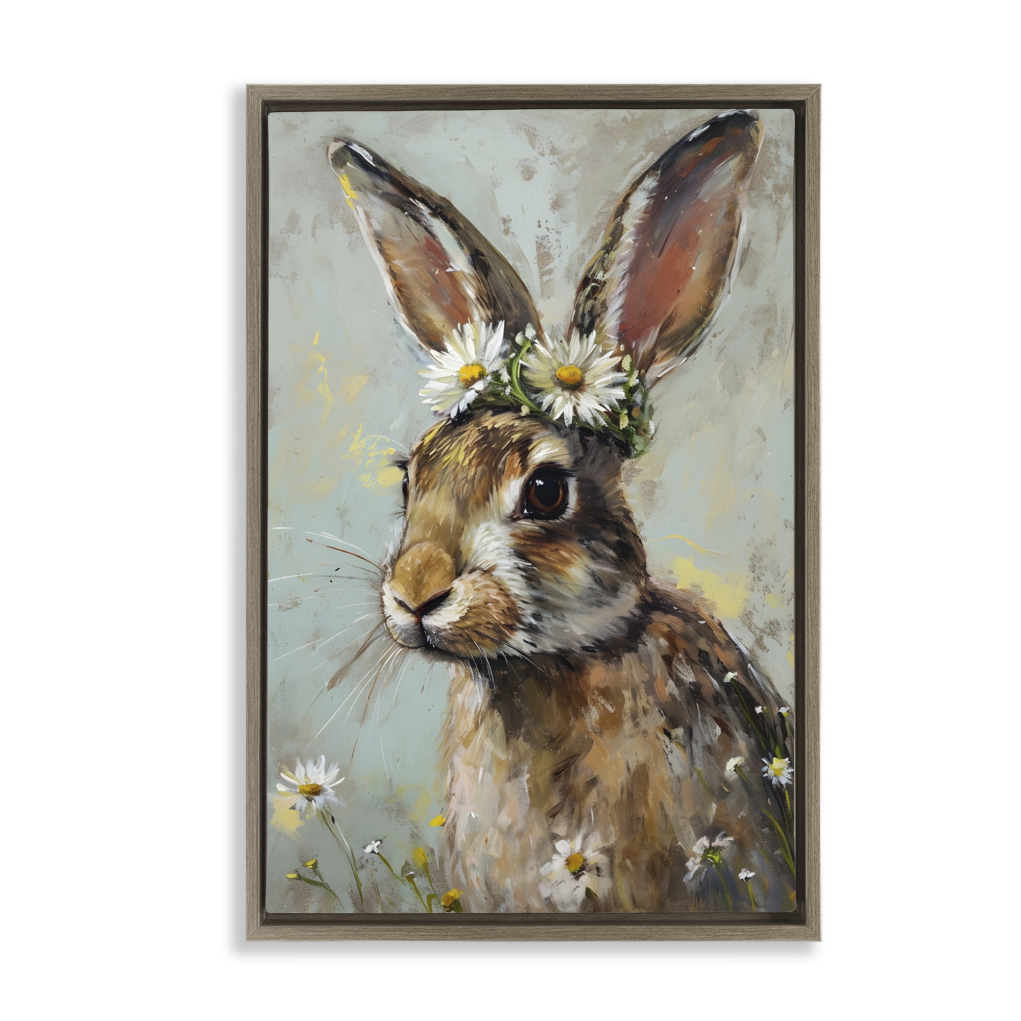 Stupell Industries Bunny & Daisy Crown Animals & Insects Painting Brown Floater Framed Canvas Art Print Wall Art, 17 x 25