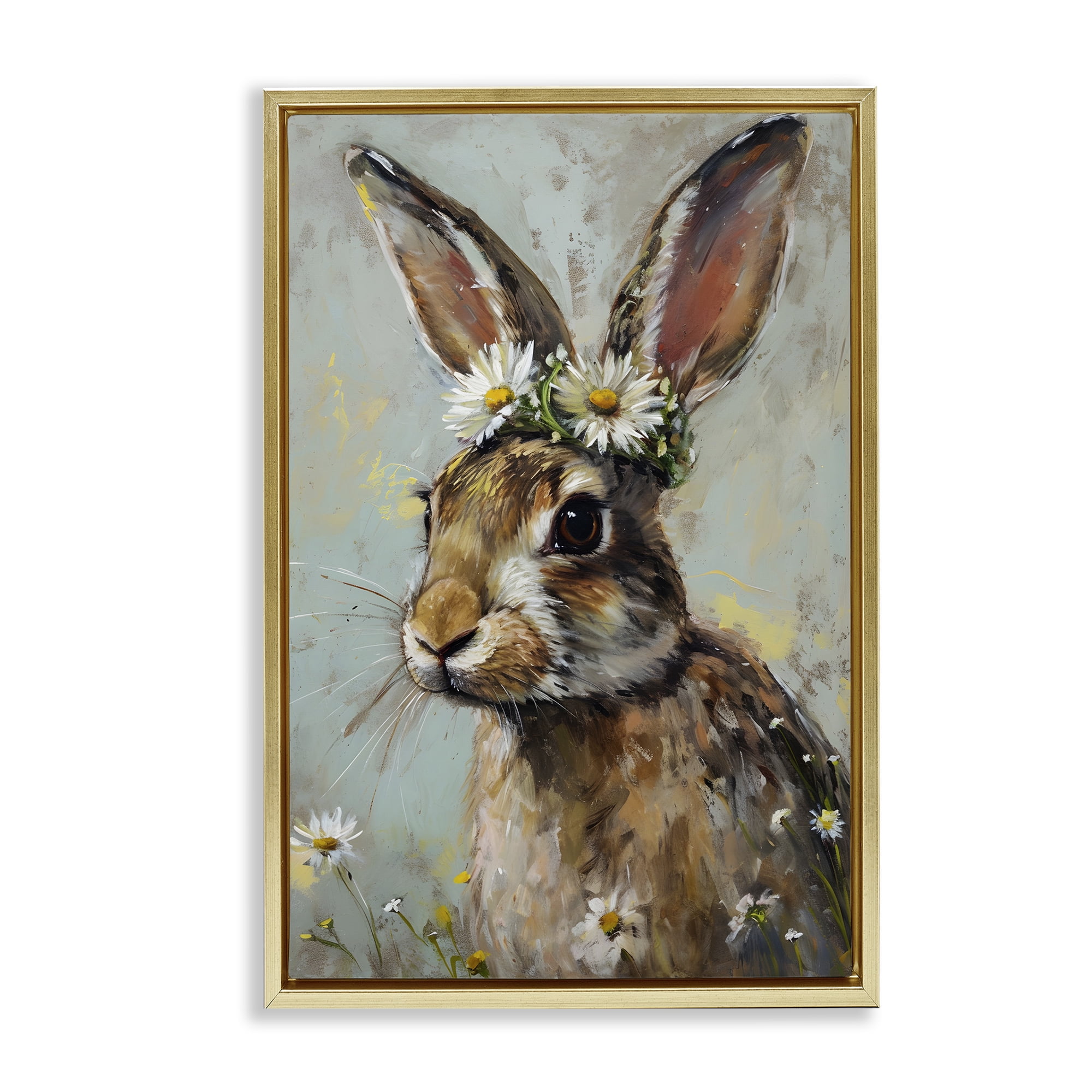 Stupell Industries Bunny & Daisy Crown Animals & Insects Painting Gold Floater Framed Canvas Art Print Wall Art, 17 x 25