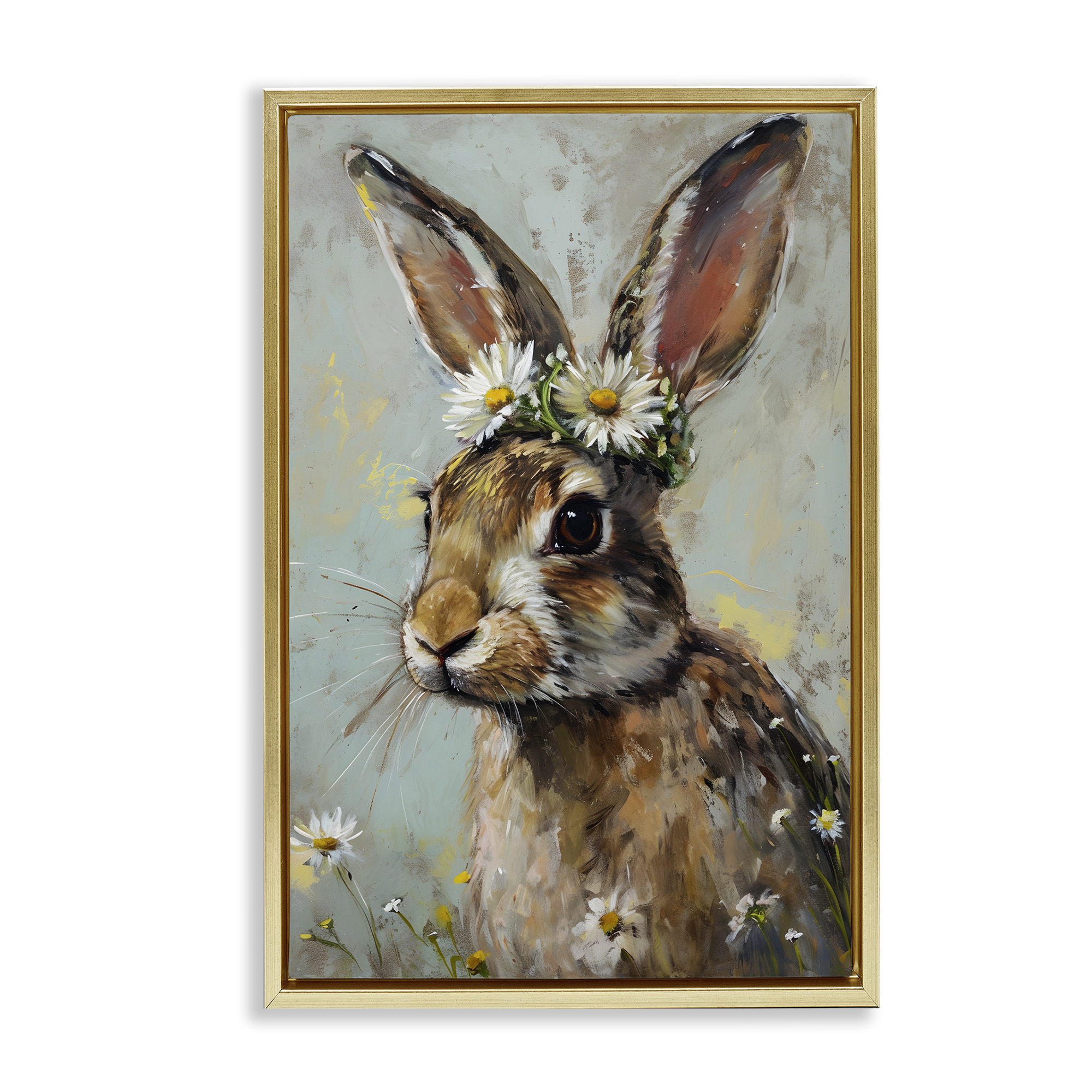 Stupell Industries Bunny & Daisy Crown Animals & Insects Painting Gold Floater Framed Canvas Art Print Wall Art, 21 x 31