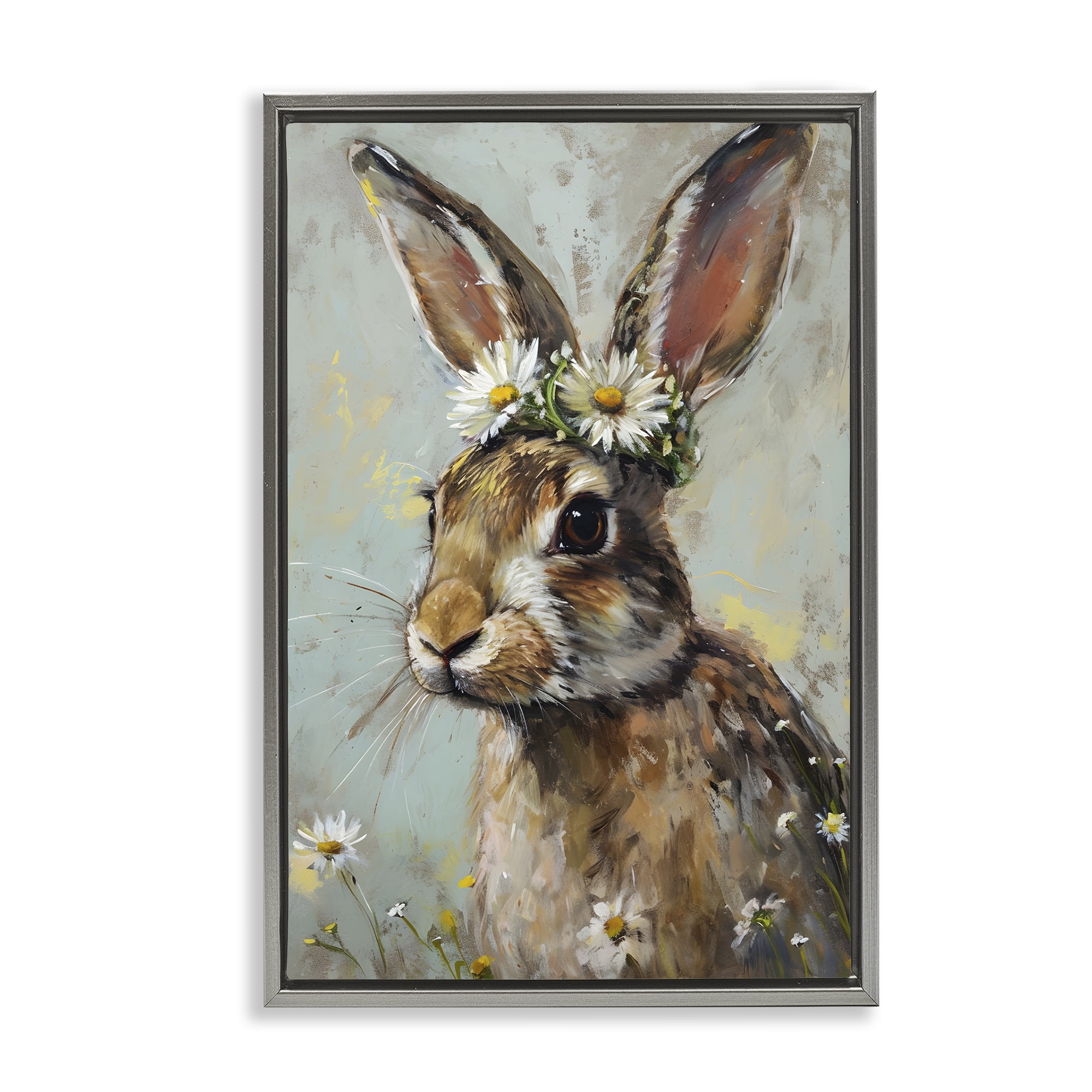 Stupell Industries Bunny & Daisy Crown Animals & Insects Painting Gray Floater Framed Canvas Art Print Wall Art, 17 x 25