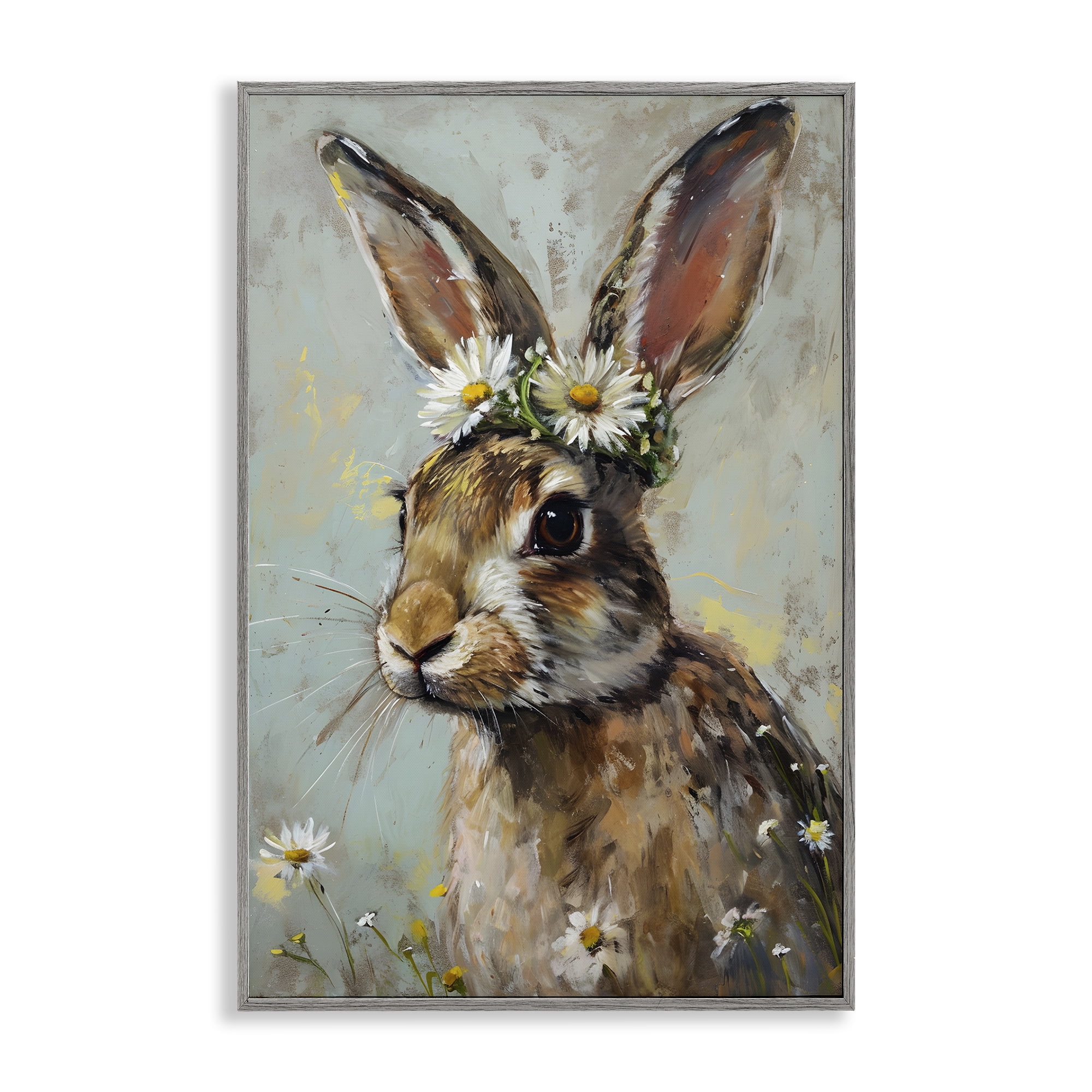 Stupell Industries Bunny & Daisy Crown Animals & Insects Painting Gray Framed Art Print Wall Art, 12 x 18