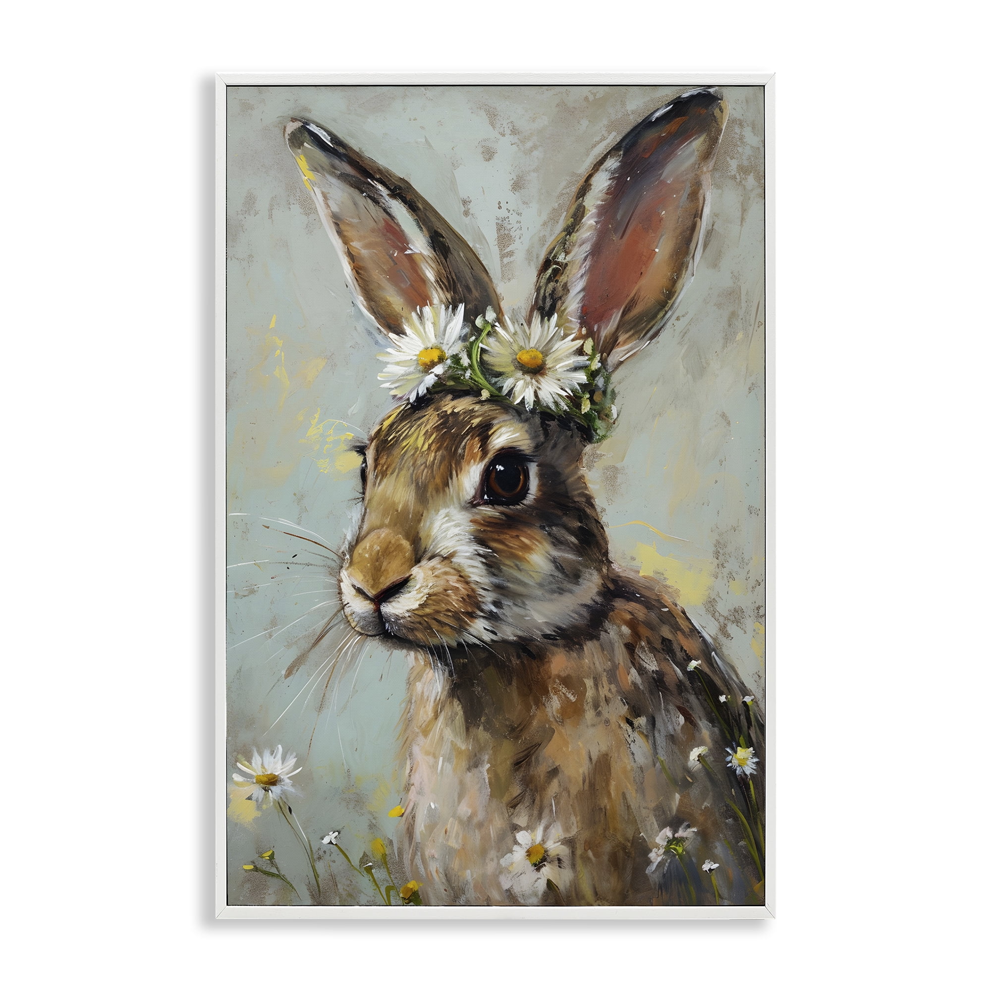 Stupell Industries Bunny & Daisy Crown Animals & Insects Painting White Framed Art Print Wall Art, 16 x 24